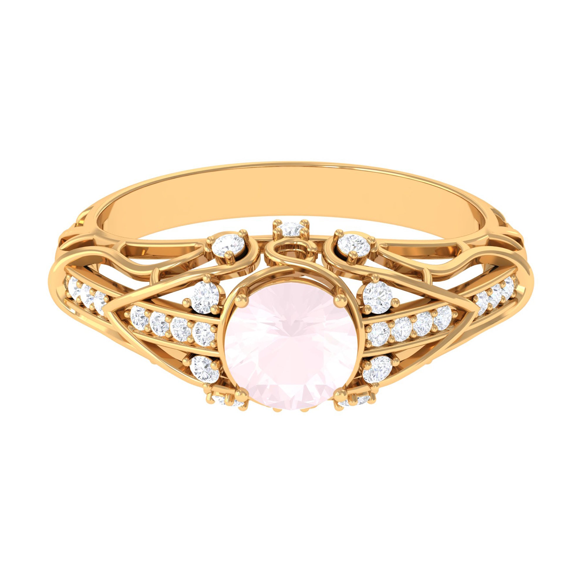 Antique Style Round Rose Quartz Engagement Ring with Diamond Rose Quartz - ( AAA ) - Quality - Rosec Jewels