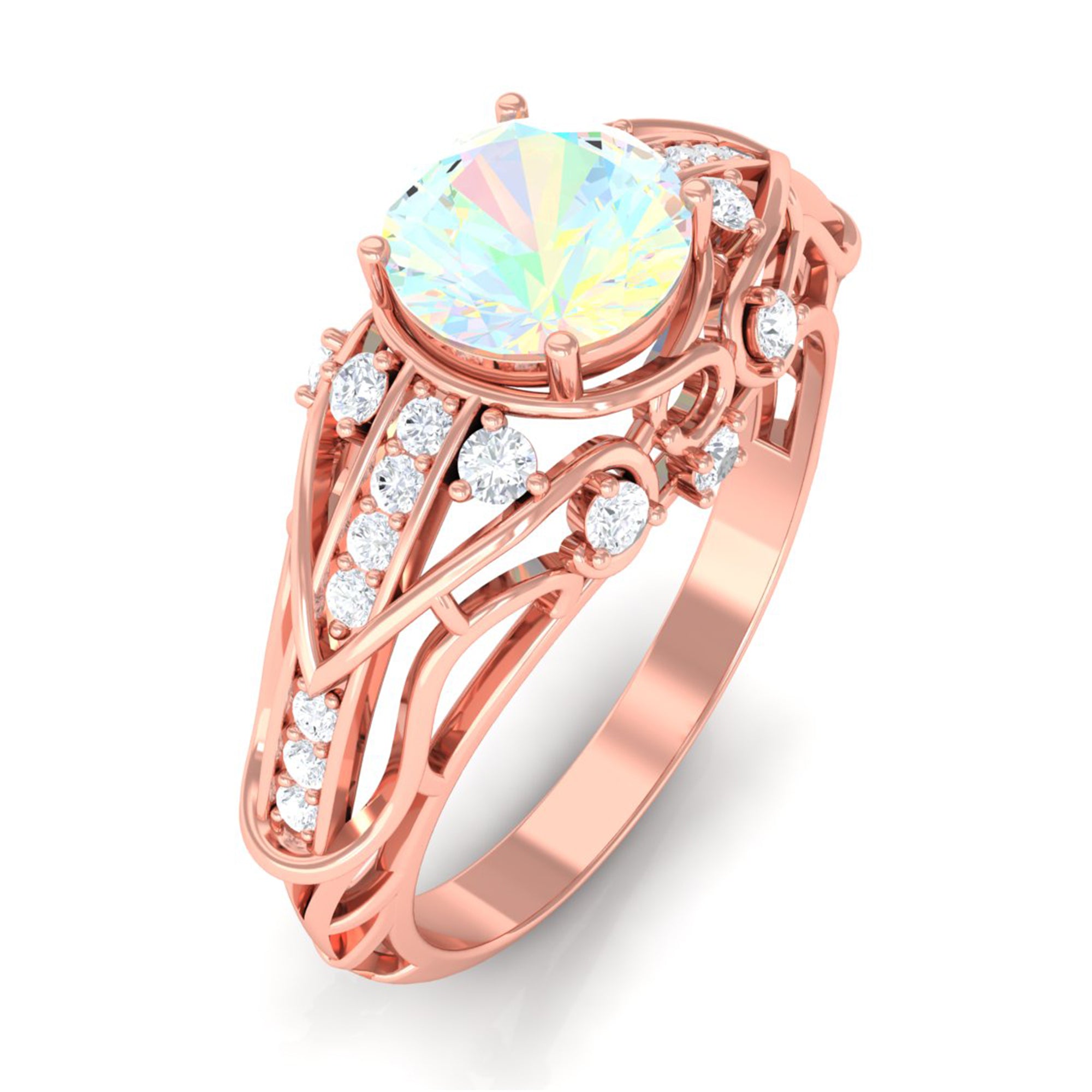 Antique Style Round Ethiopian Opal Engagement Ring with Diamond Ethiopian Opal - ( AAA ) - Quality - Rosec Jewels