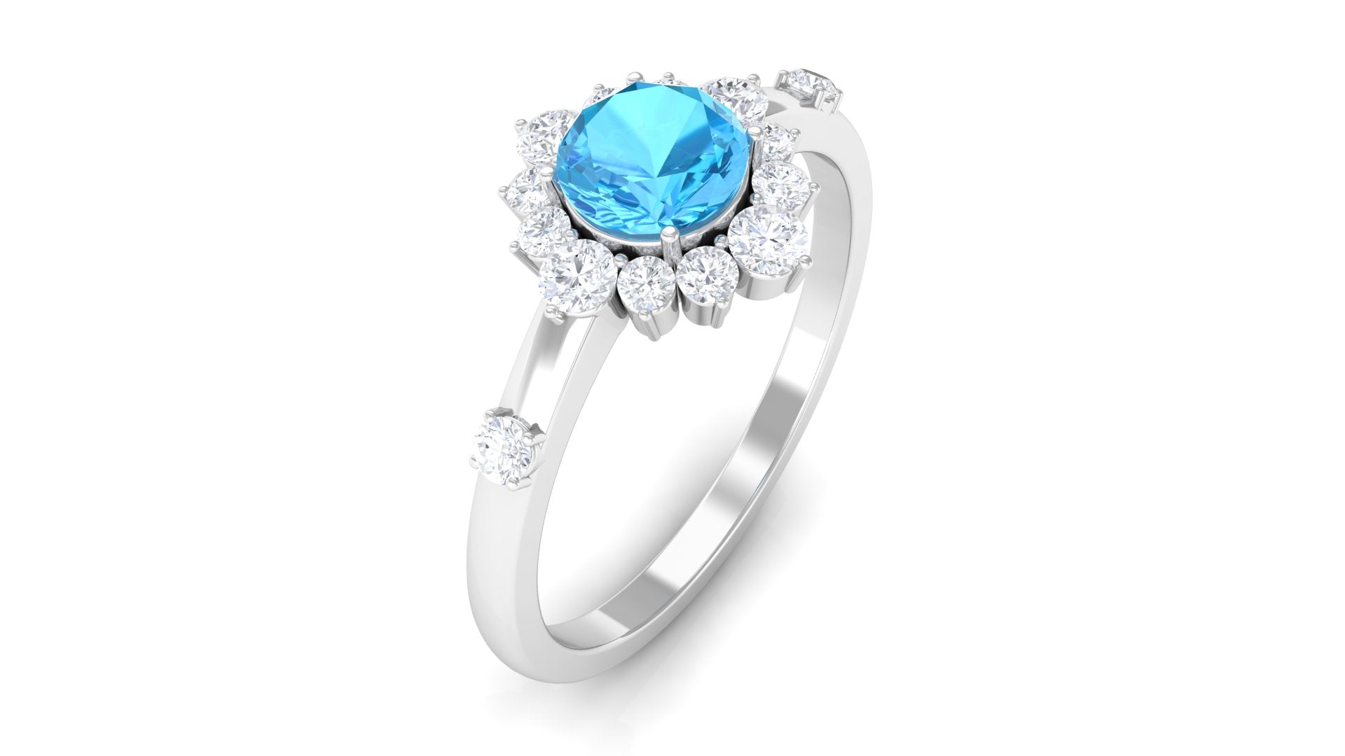 1 CT Round Swiss Blue Topaz and Diamond Halo Engagement Ring - Swiss Blue  Topaz - ( AAA ) - Quality / 92.5 Sterling Silver / 4.5