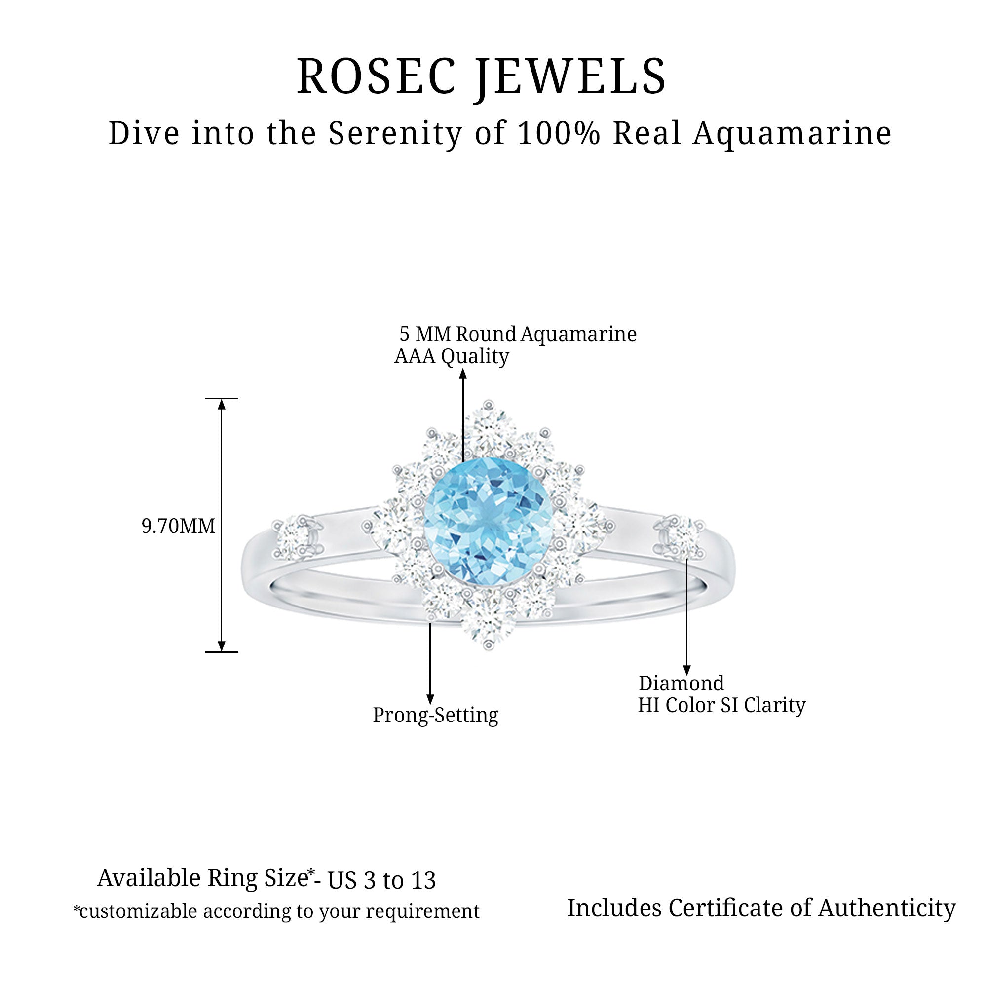 Round Aquamarine and Diamond Classic Halo Ring Aquamarine - ( AAA ) - Quality - Rosec Jewels