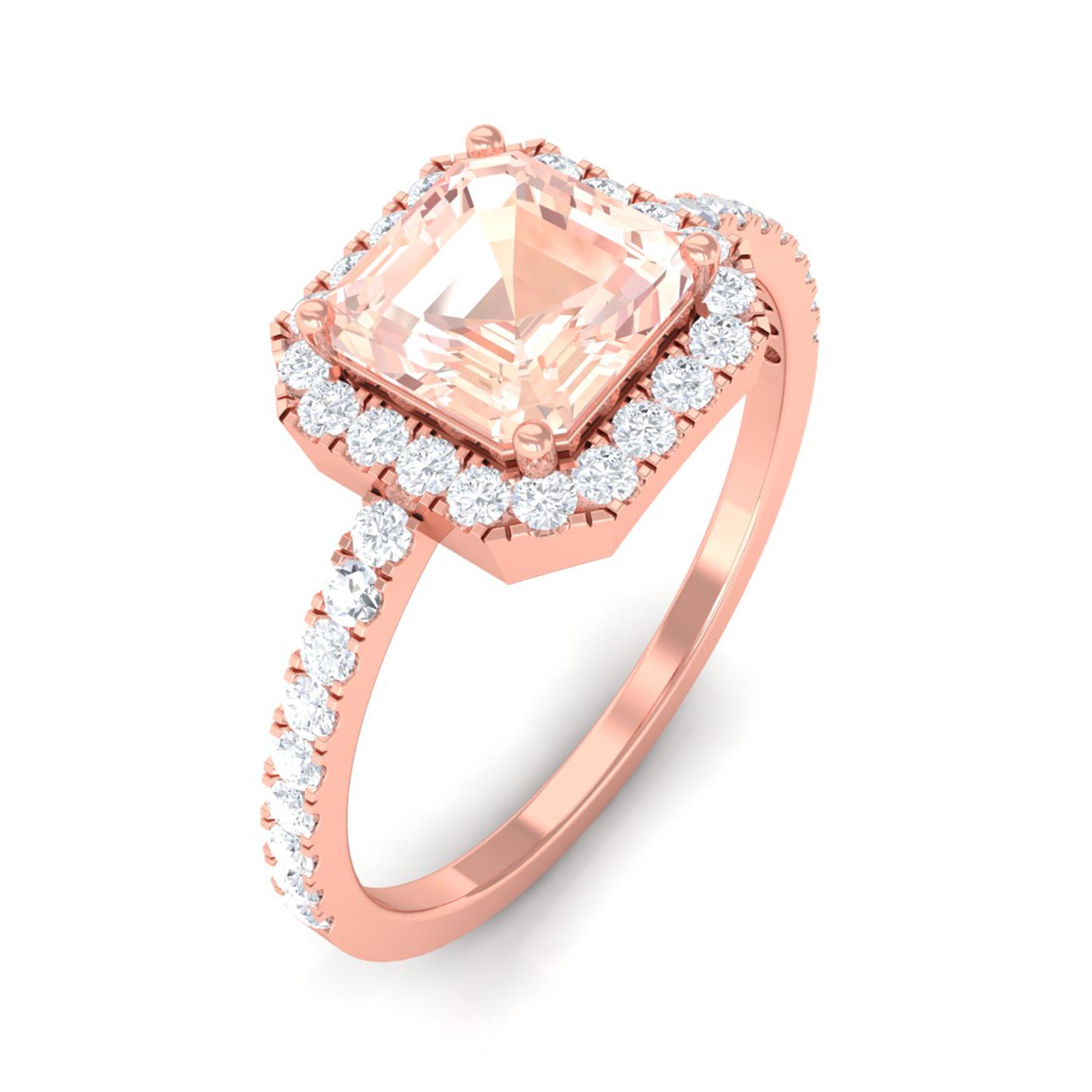 2 CT Asscher Cut Morganite Halo Engagement Ring with Diamond Morganite - ( AAA ) - Quality - Rosec Jewels