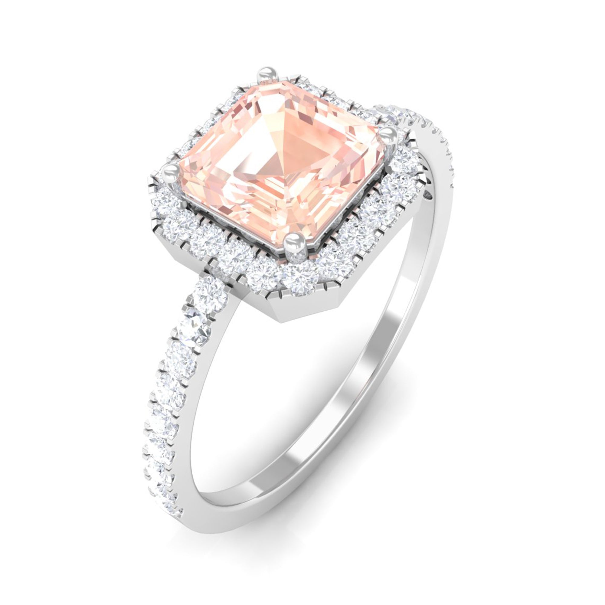 2 CT Asscher Cut Morganite Halo Engagement Ring with Diamond Morganite - ( AAA ) - Quality - Rosec Jewels