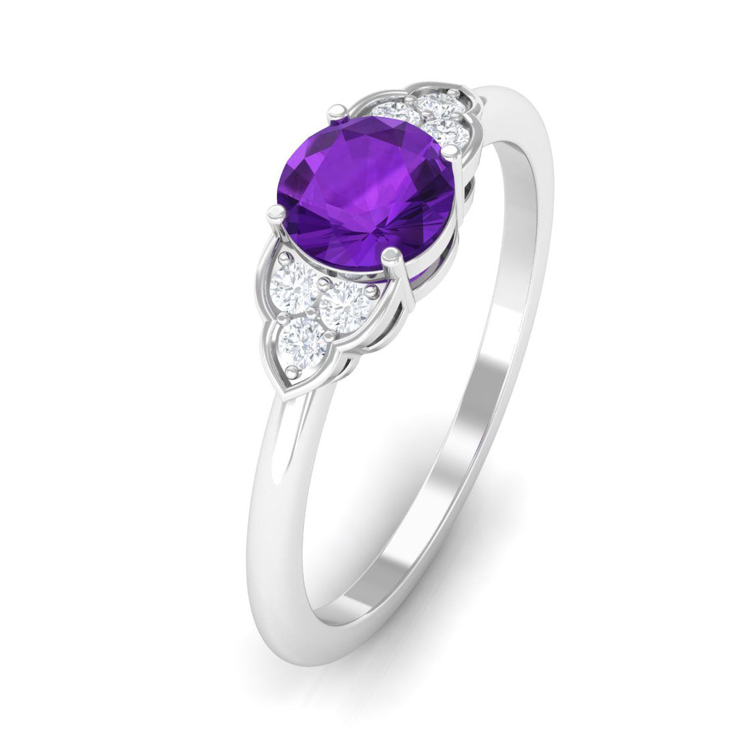 Round Amethyst and Diamond Engagement Ring Amethyst - ( AAA ) - Quality - Rosec Jewels