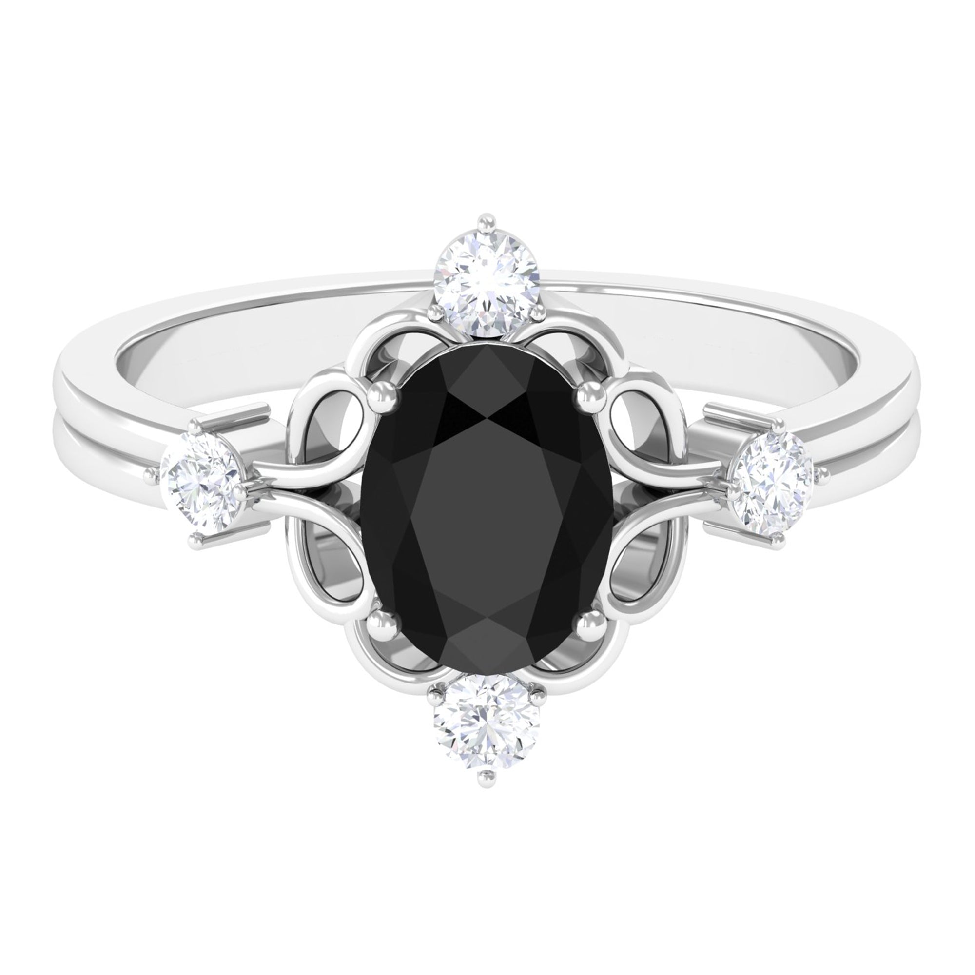 Oval Cut Solitaire Created Black Diamond Engagement Ring with Diamond Lab Created Black Diamond - ( AAAA ) - Quality - Rosec Jewels