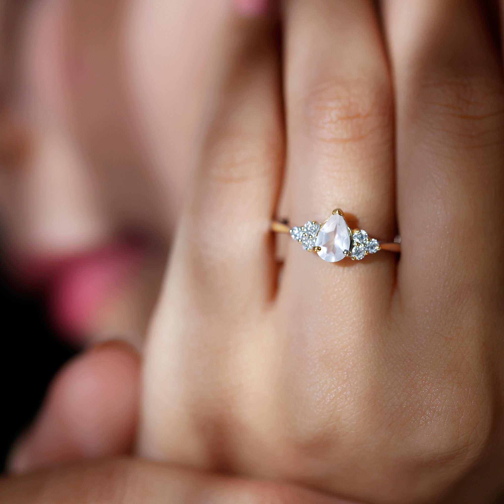 Pear Shaped Rose Quartz Solitaire Engagement Ring with Diamond Trio Rose Quartz - ( AAA ) - Quality - Rosec Jewels