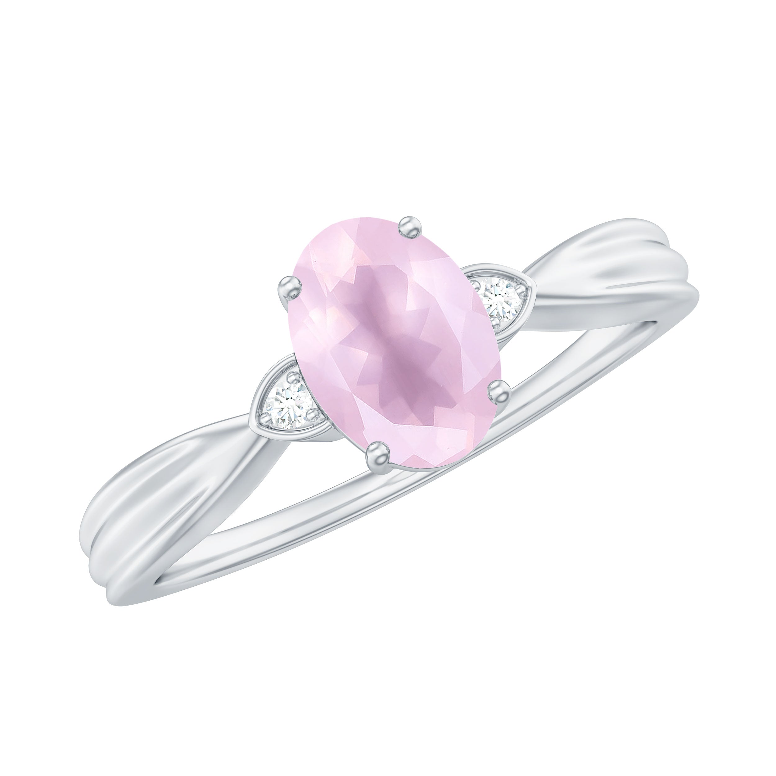 Oval Cut Real Rose Quartz Solitaire Engagement Ring with Diamond Rose Quartz - ( AAA ) - Quality - Rosec Jewels