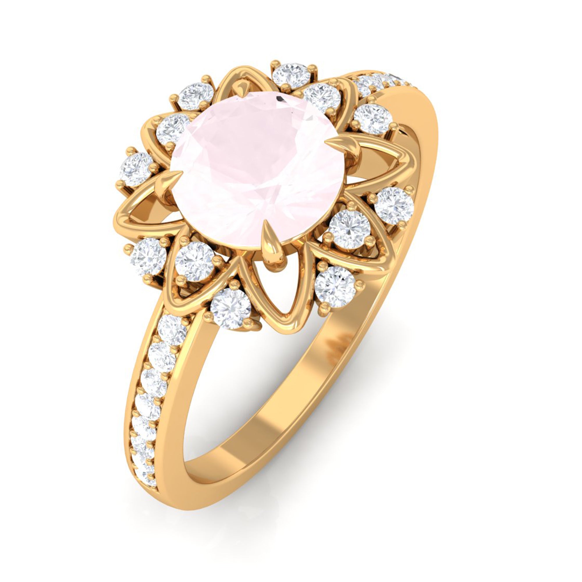 Round Rose Quartz and Diamond Flower Engagement Ring Rose Quartz - ( AAA ) - Quality - Rosec Jewels