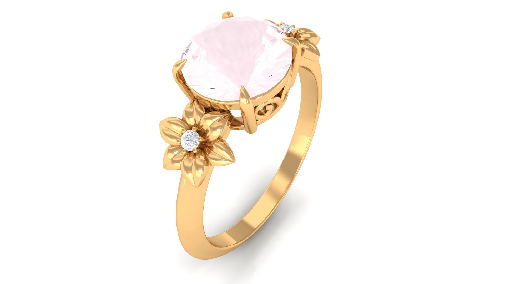 2 CT Round Rose Quartz Solitaire Flower Engagement Ring with Diamond Rose Quartz - ( AAA ) - Quality - Rosec Jewels