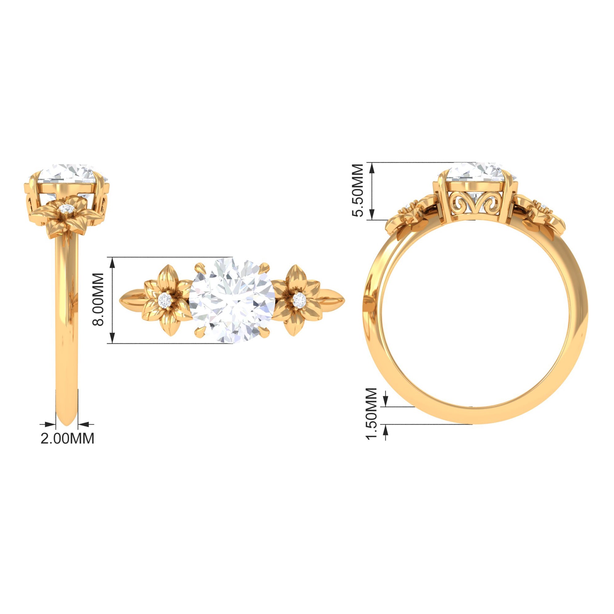 Round Zircon Solitaire Gold Flower Engagement Ring Zircon - ( AAAA ) - Quality - Rosec Jewels