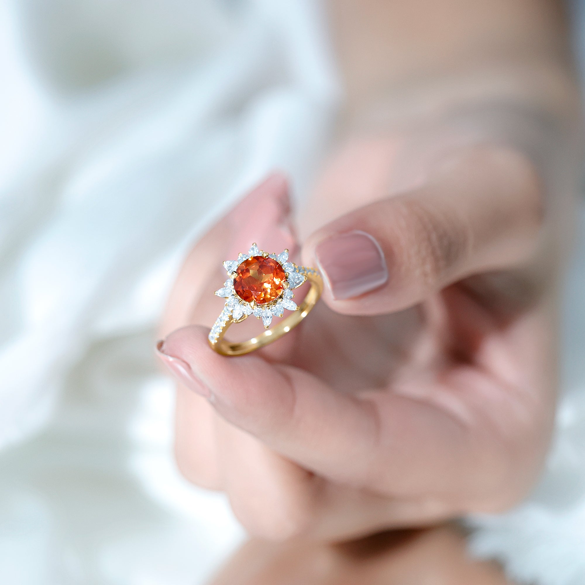 Created Orange Sapphire Cocktail Ring with Moissanite Floral Halo Lab Created Orange Sapphire - ( AAAA ) - Quality - Rosec Jewels