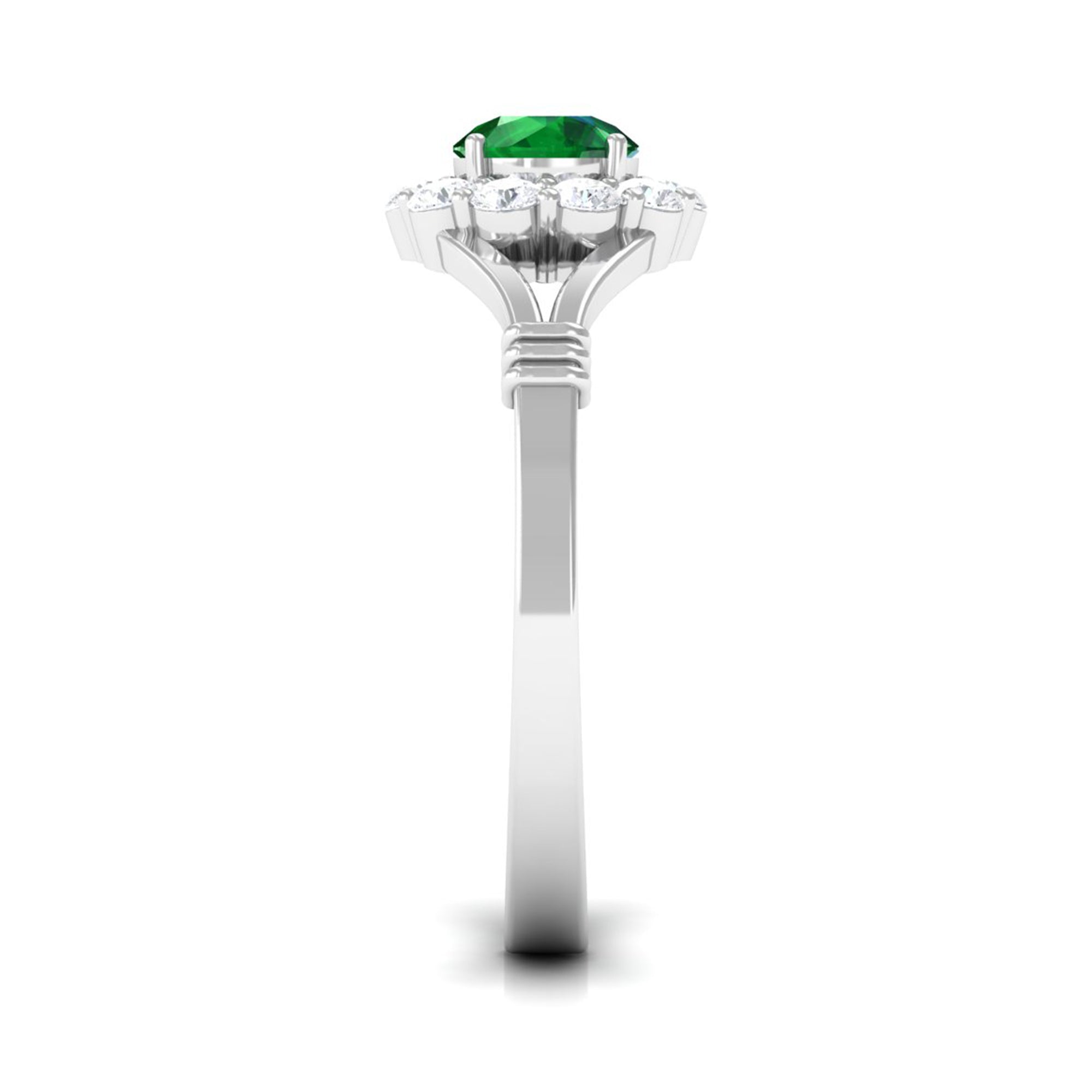 1 CT Round Created Emerald Flower Ring with Diamond Halo in Split Shank Lab Created Emerald - ( AAAA ) - Quality - Rosec Jewels