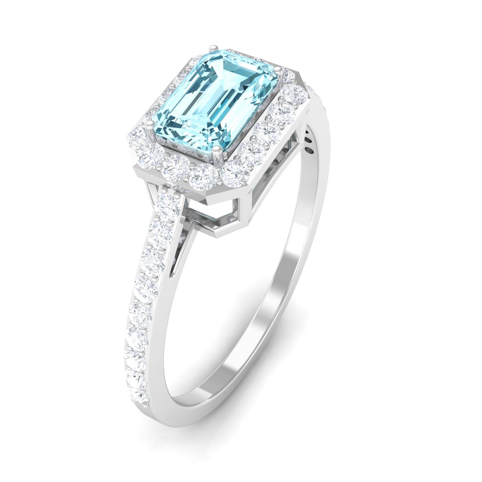 Real Aquamarine Engagement Ring with Diamond Halo Aquamarine - ( AAA ) - Quality - Rosec Jewels