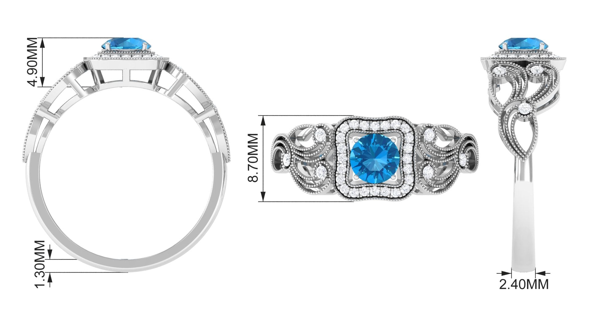 Swiss Blue Topaz Vintage Style Engagement Ring with Diamond Swiss Blue Topaz - ( AAA ) - Quality - Rosec Jewels