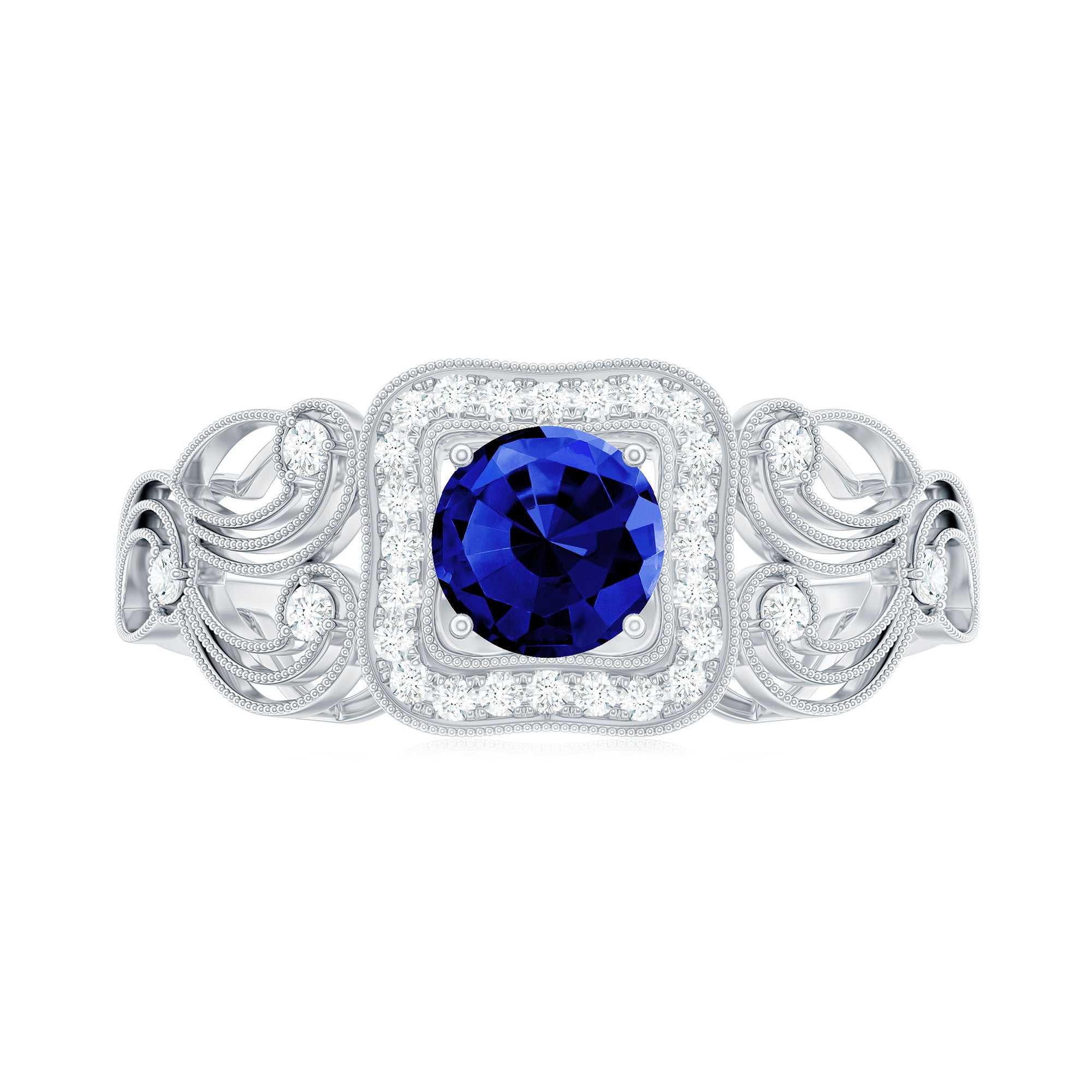 Vintage Created Blue Sapphire and Diamond Milgrain Engagement Ring Lab Created Blue Sapphire - ( AAAA ) - Quality - Rosec Jewels