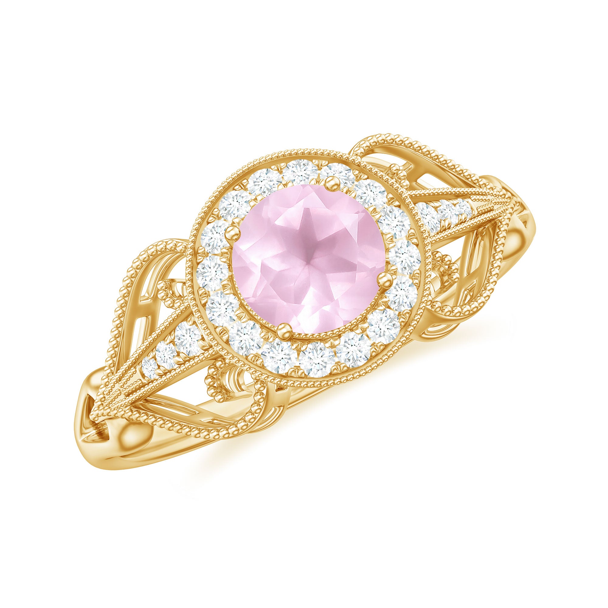 Vintage Rose Quartz Diamond Engagement Ring with Beaded Detail Rose Quartz - ( AAA ) - Quality - Rosec Jewels