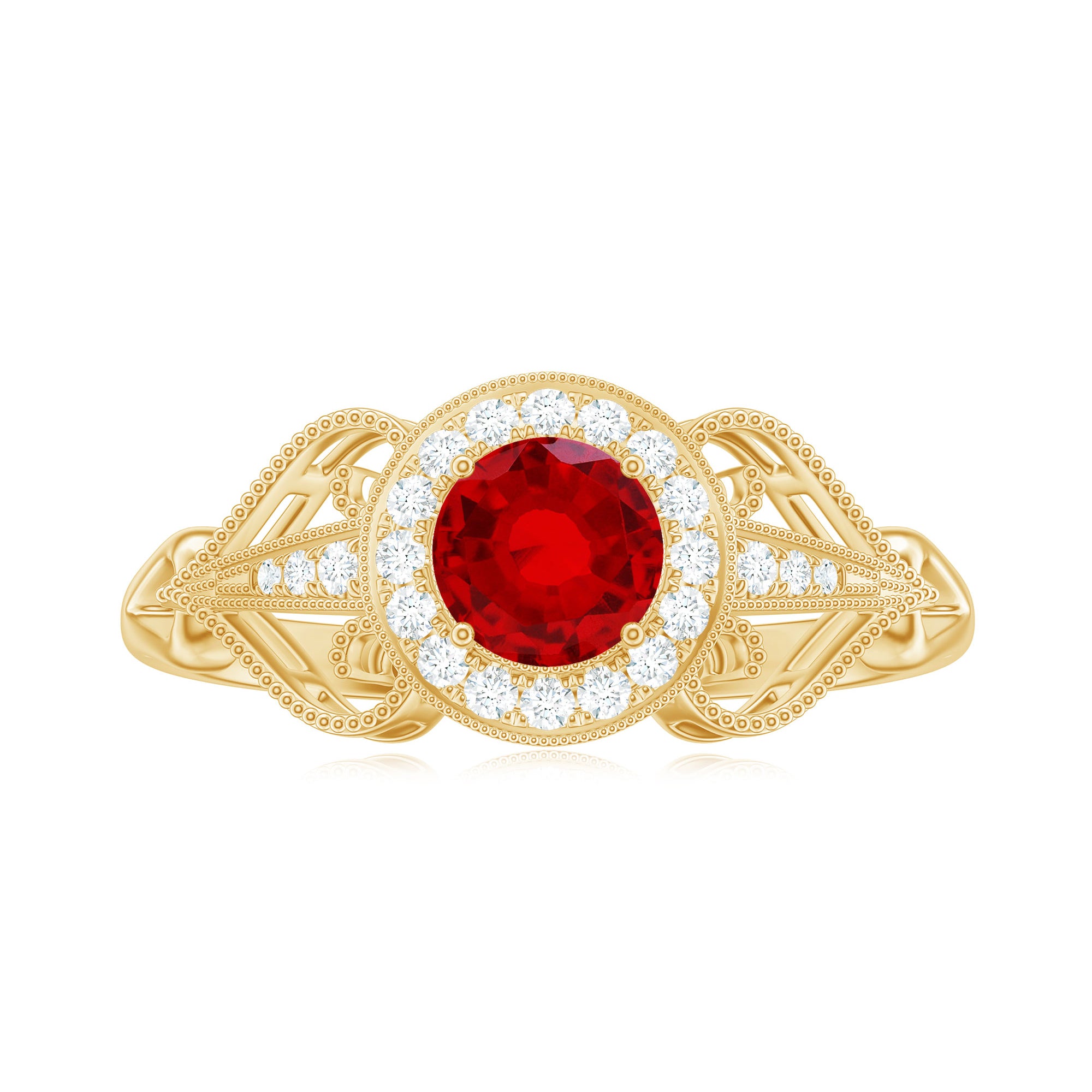 Vintage Created Ruby Diamond Engagement Ring Lab Created Ruby - ( AAAA ) - Quality - Rosec Jewels