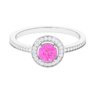 Round Pink Sapphire Floating Halo Engagement Ring with Diamond Pink Sapphire - ( AAA ) - Quality - Rosec Jewels