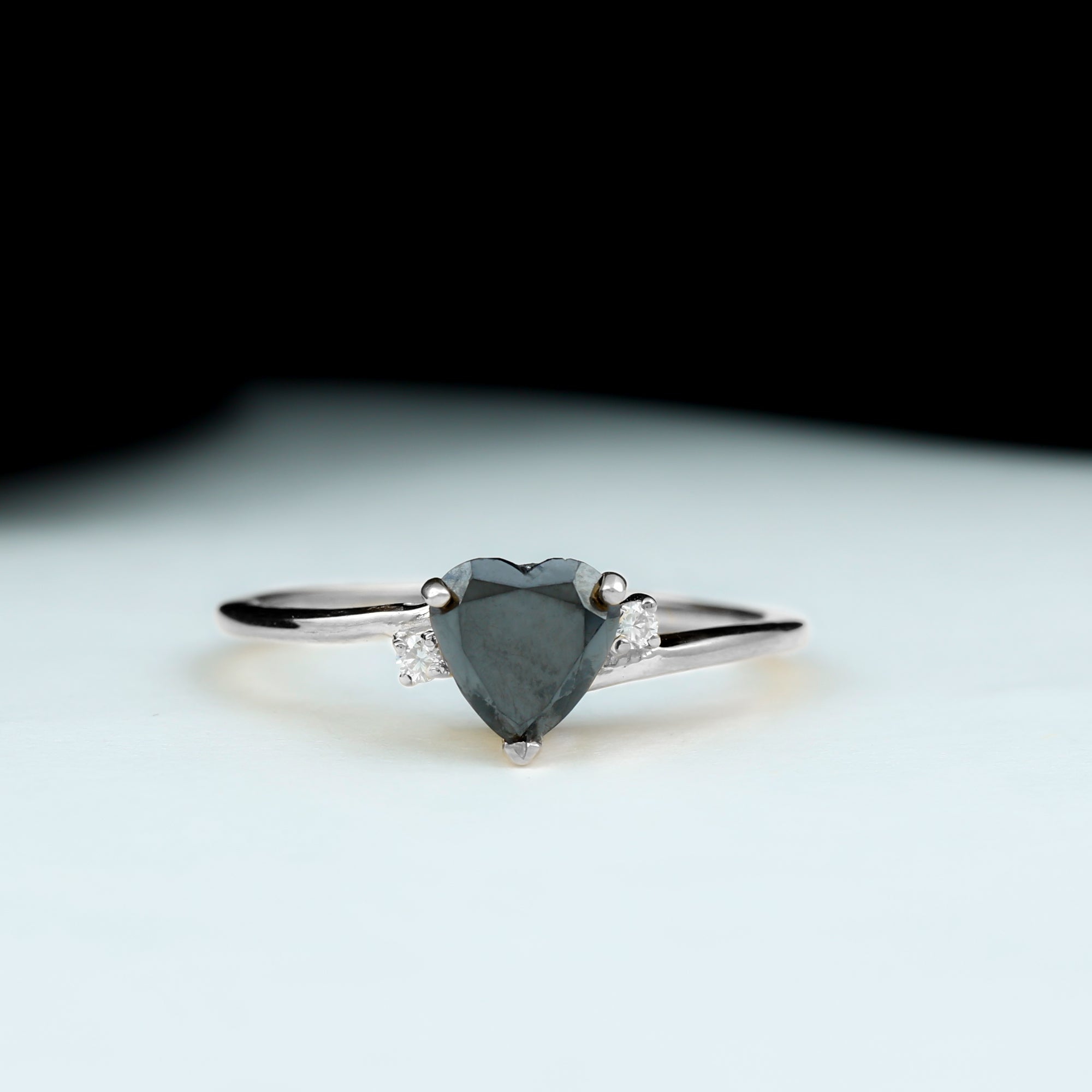 1 CT Heart Shape Created Black Diamond Solitaire Promise Ring with Diamond Lab Created Black Diamond - ( AAAA ) - Quality - Rosec Jewels