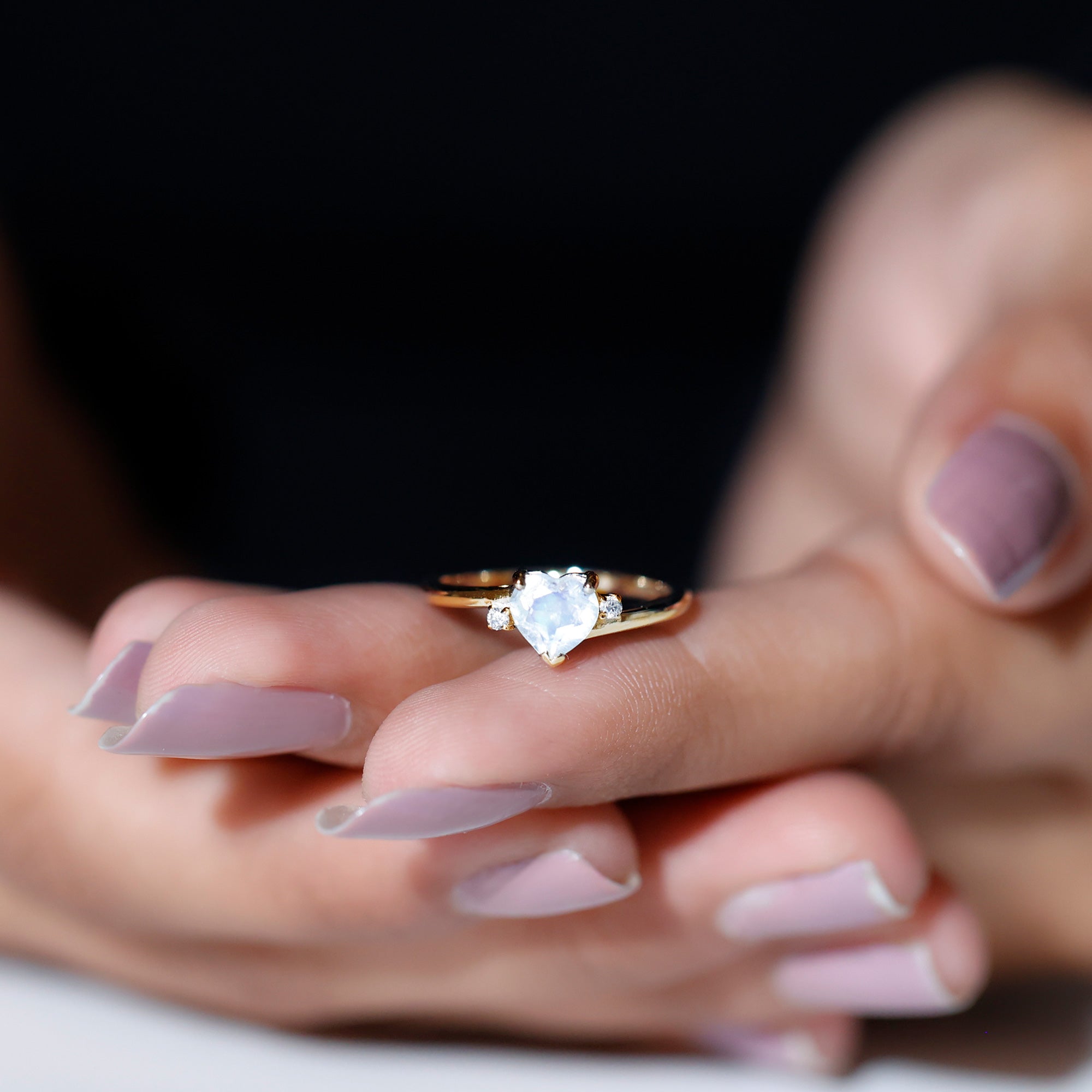 Heart Shape Real Moonstone Solitaire Promise Ring with Diamond Moonstone - ( AAA ) - Quality - Rosec Jewels