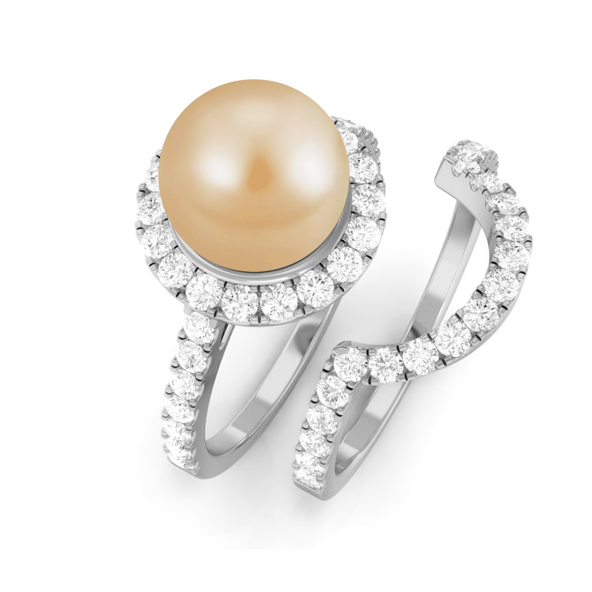 South Sea Pearl and Diamond Halo Wedding Ring Set South Sea Pearl - ( AAA ) - Quality - Rosec Jewels