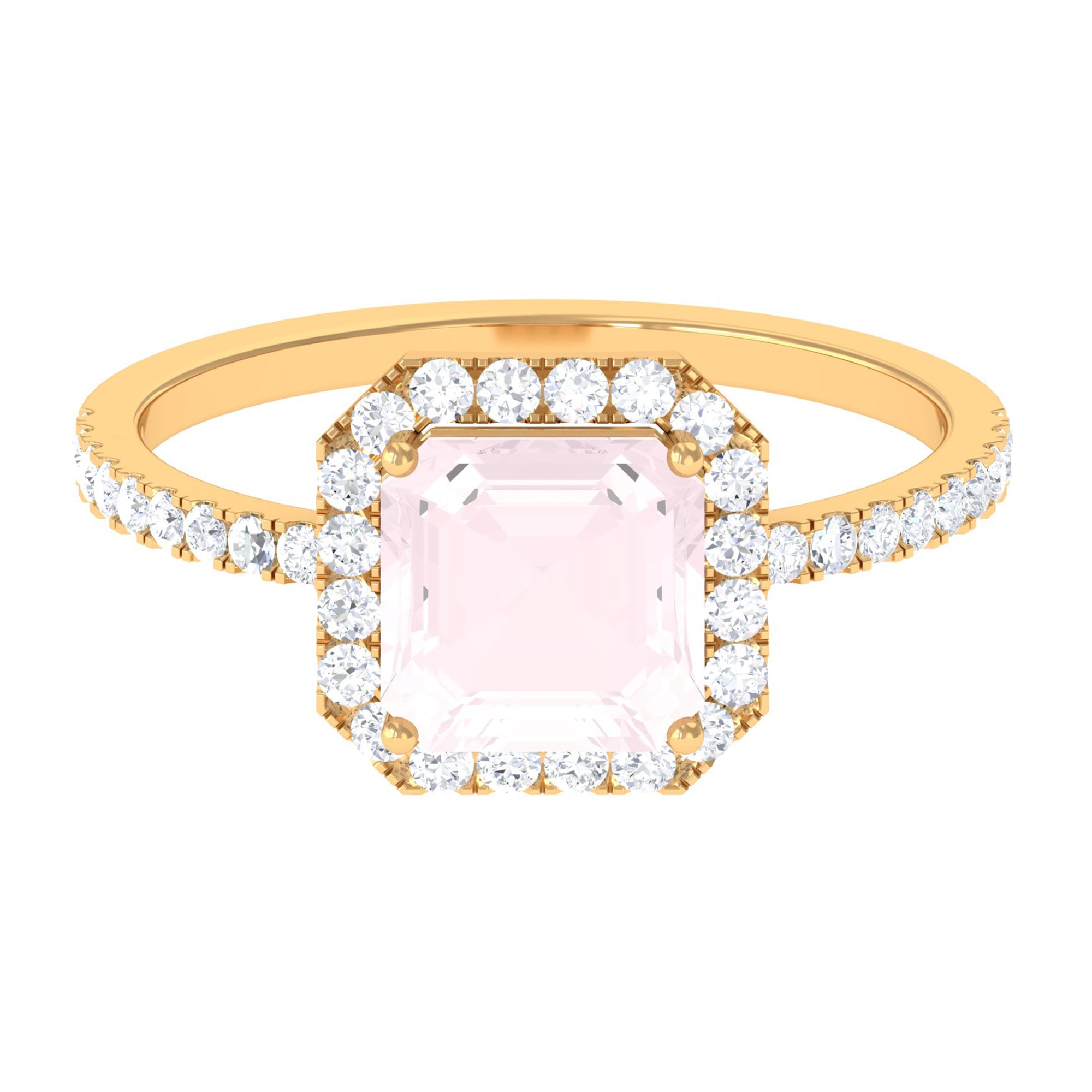 Asscher Cut Rose Quartz Halo Engagement Ring with Diamond Rose Quartz - ( AAA ) - Quality - Rosec Jewels