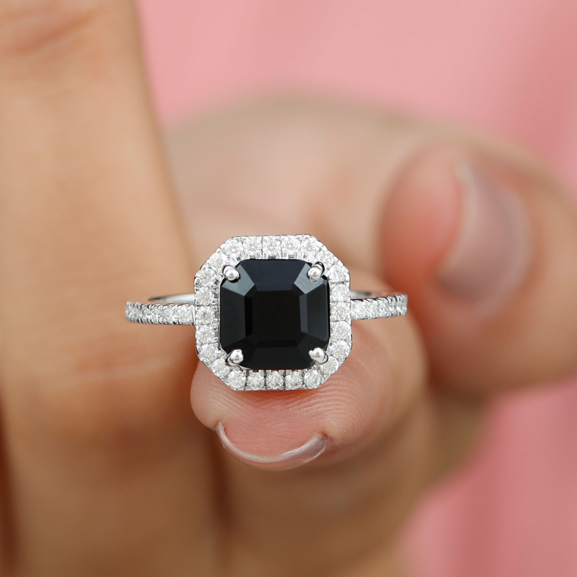 Asscher Cut Black Spinel Halo Engagement Ring with Diamond Black Spinel - ( AAA ) - Quality - Rosec Jewels