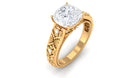 Cushion Cut Solitaire Zircon Gold Floral Engagement Ring Zircon - ( AAAA ) - Quality - Rosec Jewels