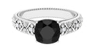 Cushion Cut Solitaire Black Spinel Floral Engagement Ring with Diamond Black Spinel - ( AAA ) - Quality - Rosec Jewels