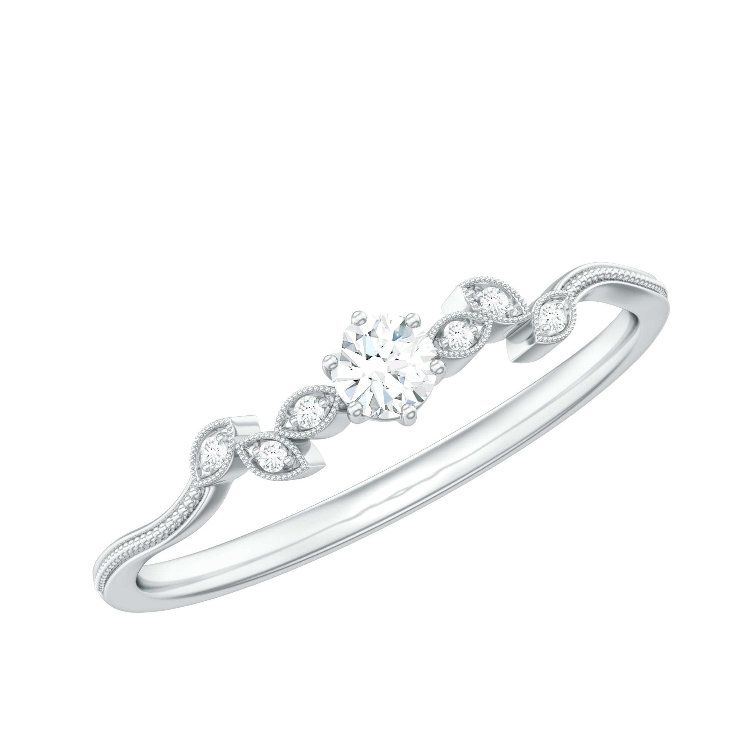 Minimal Certified Moissanite Leaf Promise Ring with Milgrain Moissanite - ( D-VS1 ) - Color and Clarity - Rosec Jewels