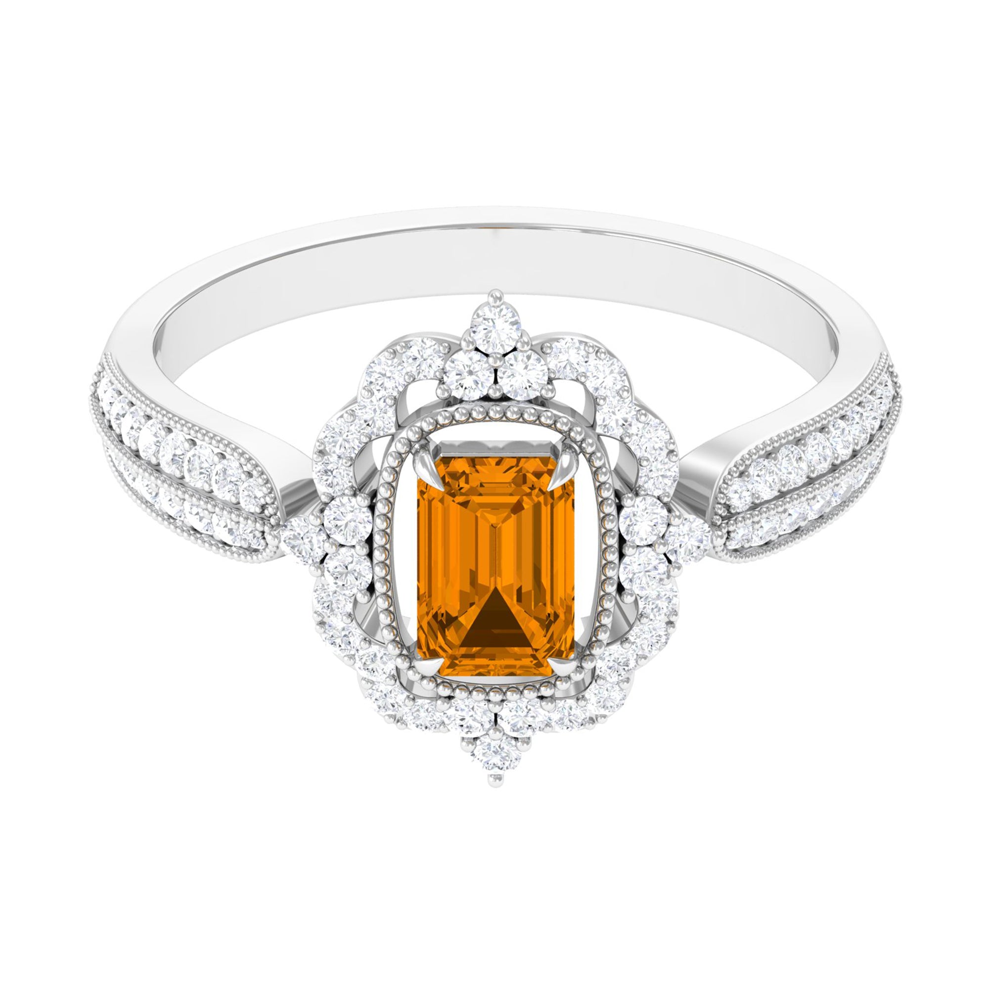 Vintage Style Octagon Citrine Engagement Ring with Moissanite Floral Halo Citrine - ( AAA ) - Quality - Rosec Jewels