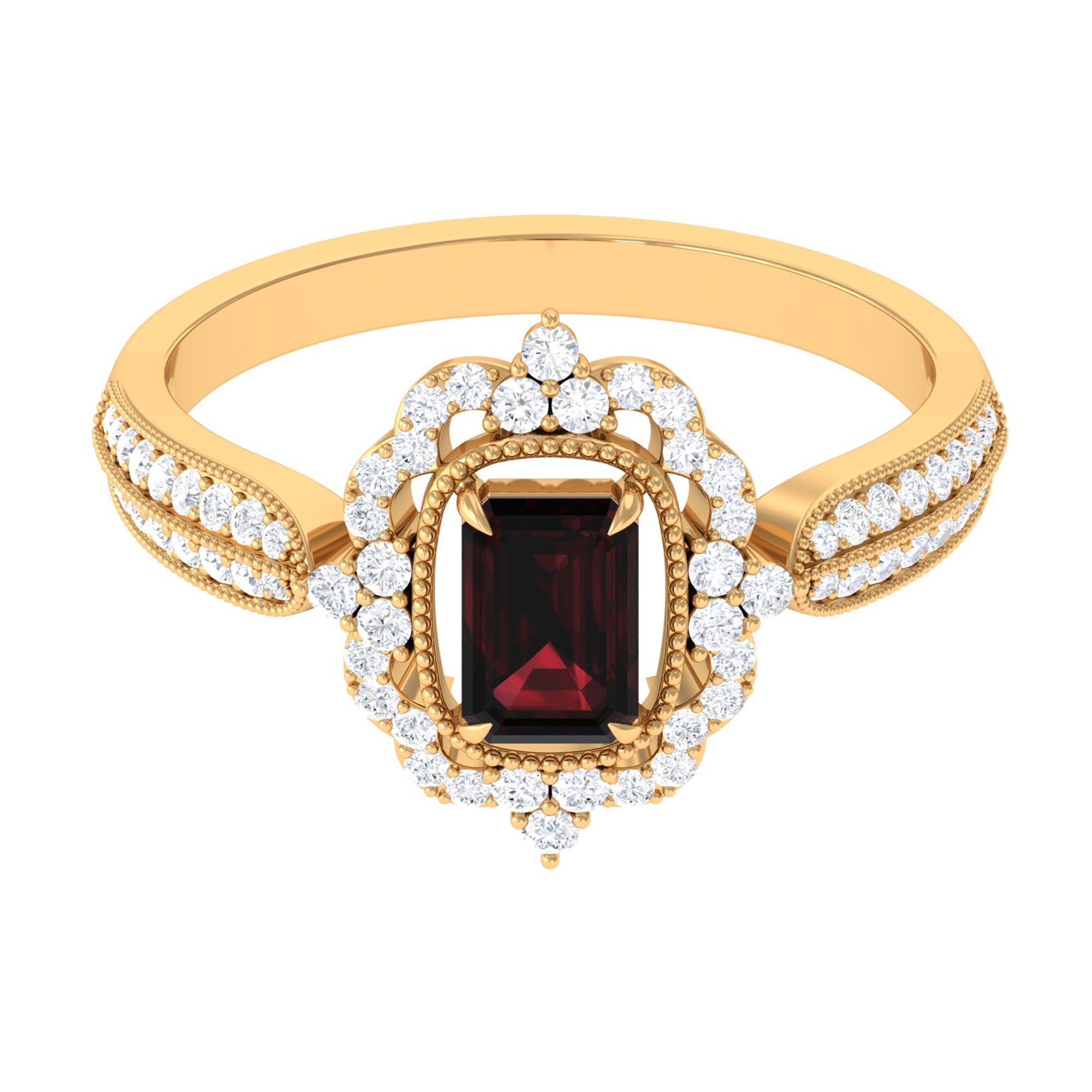 Vintage Style Octagon Garnet Engagement Ring with Diamond Floral Halo Garnet - ( AAA ) - Quality - Rosec Jewels