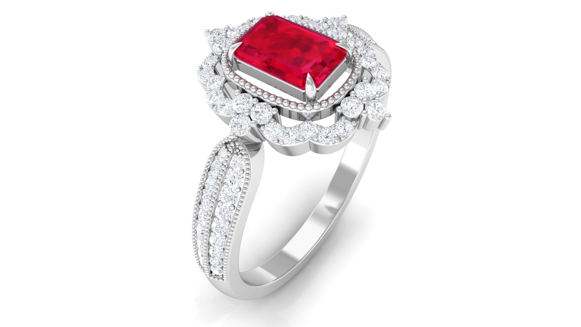 Rosec Jewels-Vintage Style Emerald Cut Created Ruby Engagement Ring with Diamond Floral Halo