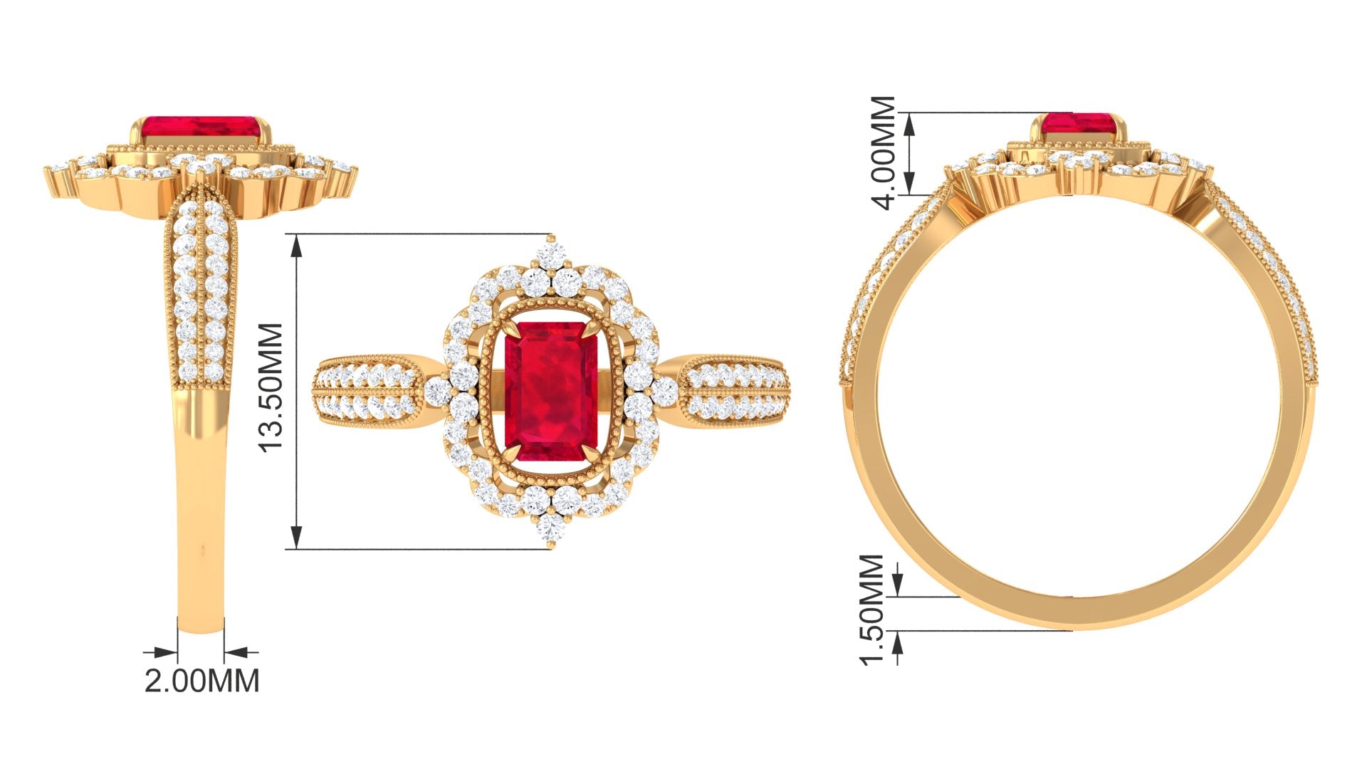 Rosec Jewels-Vintage Style Emerald Cut Created Ruby Engagement Ring with Diamond Floral Halo