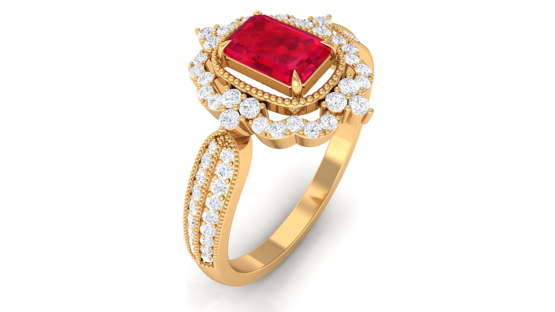 Rosec Jewels-Vintage Style Emerald Cut Created Ruby Engagement Ring with Diamond Floral Halo