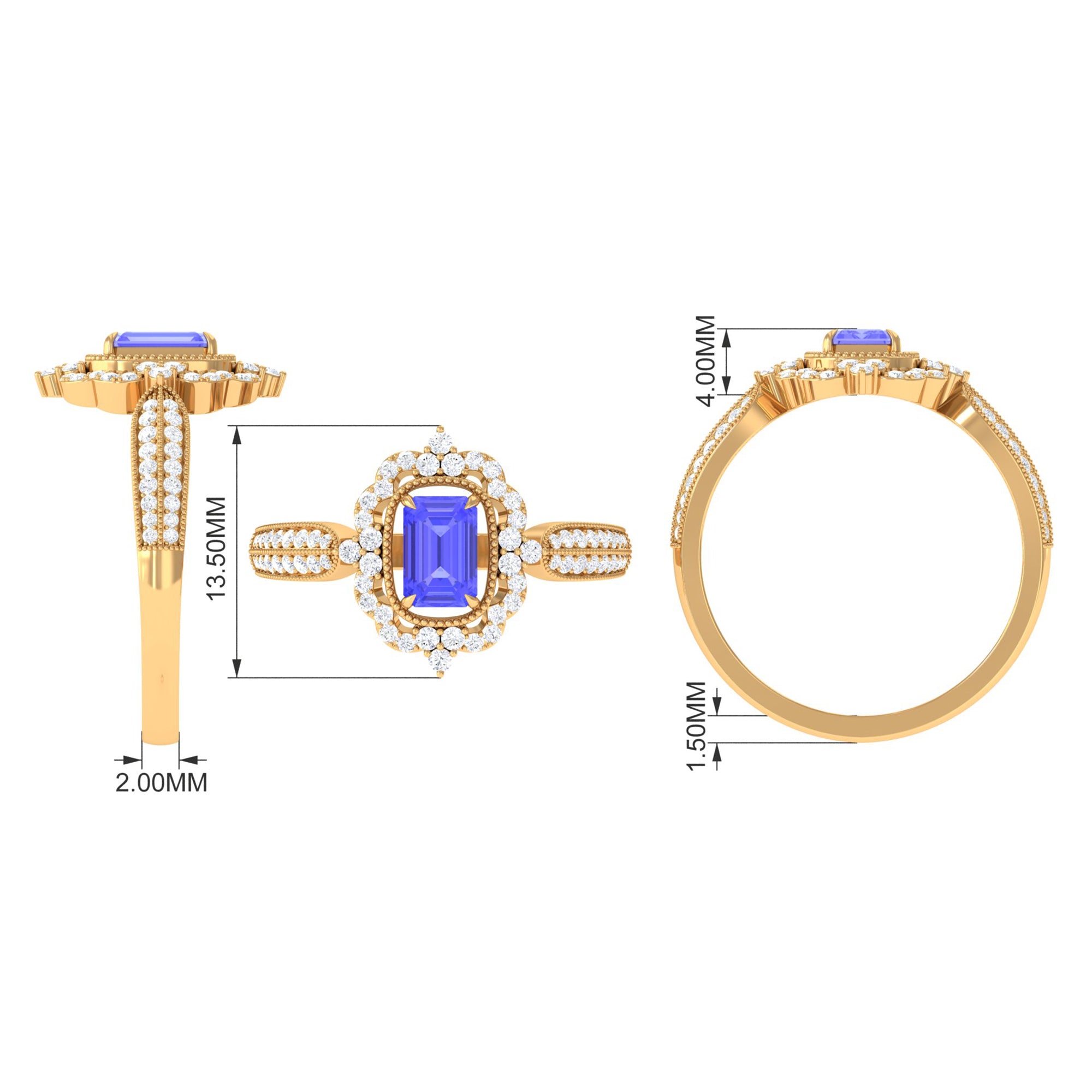 1 CT Vintage Style Emerald Cut Tanzanite Engagement Ring with Diamond Floral Halo Tanzanite - ( AAA ) - Quality - Rosec Jewels