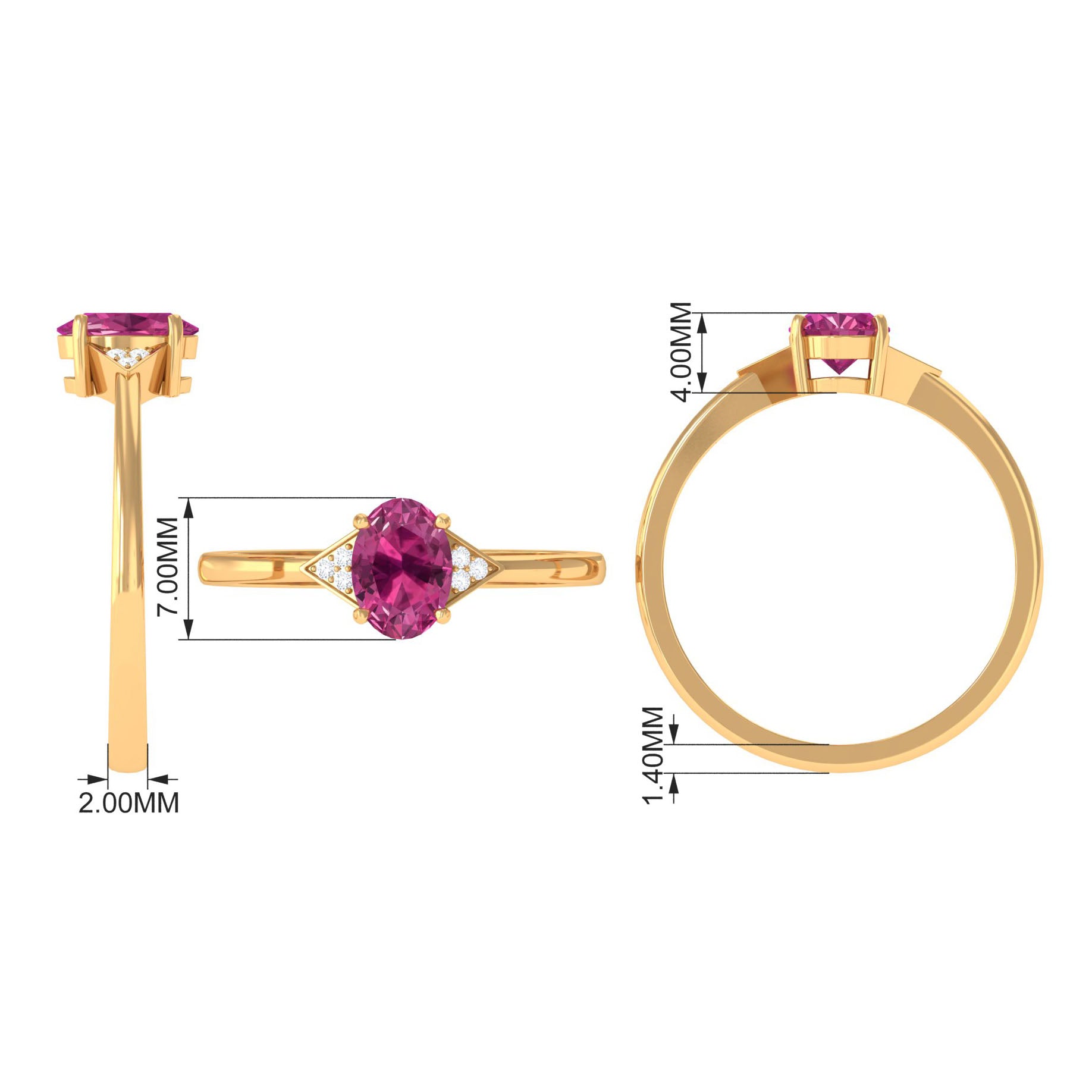 1.25 CT Oval Pink Tourmaline Solitaire Ring with Diamond Accent Pink Tourmaline - ( AAA ) - Quality - Rosec Jewels