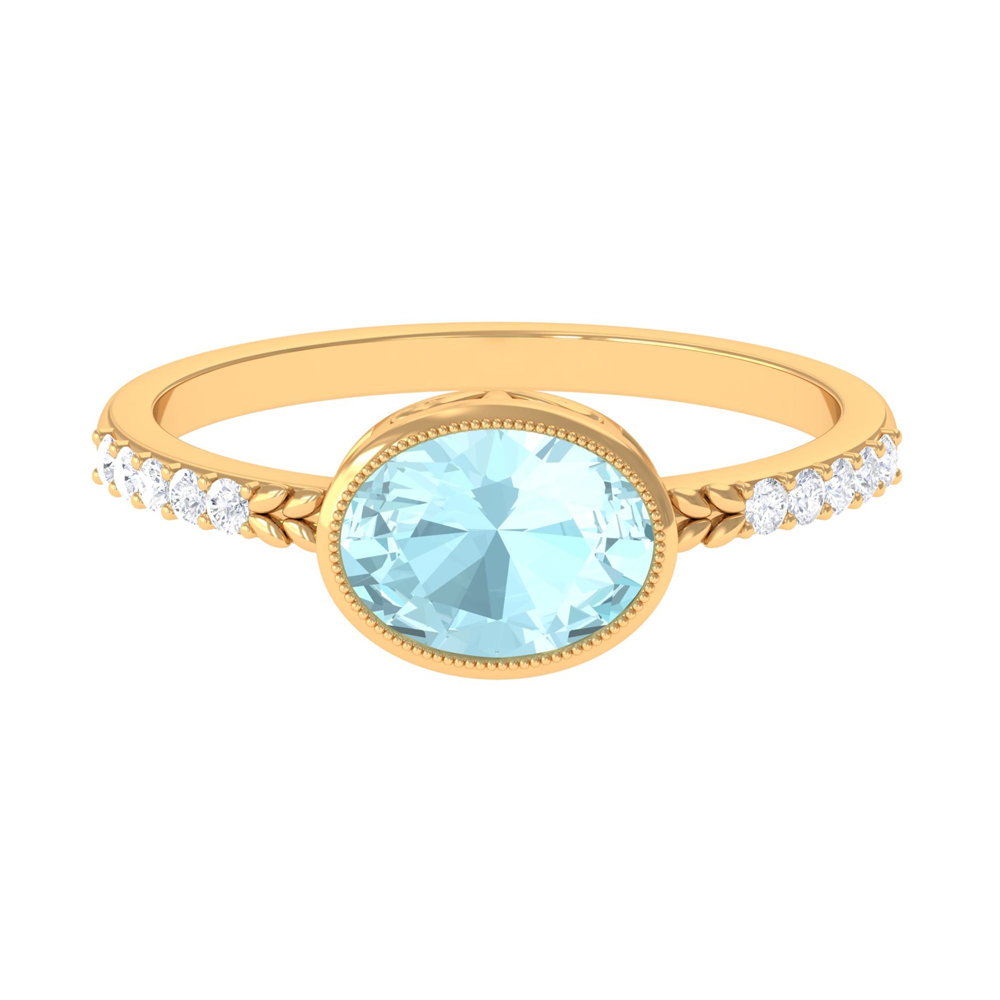 Bezel Set Oval Sky Blue Topaz East West Engagement Ring with Diamond Sky Blue Topaz - ( AAA ) - Quality - Rosec Jewels
