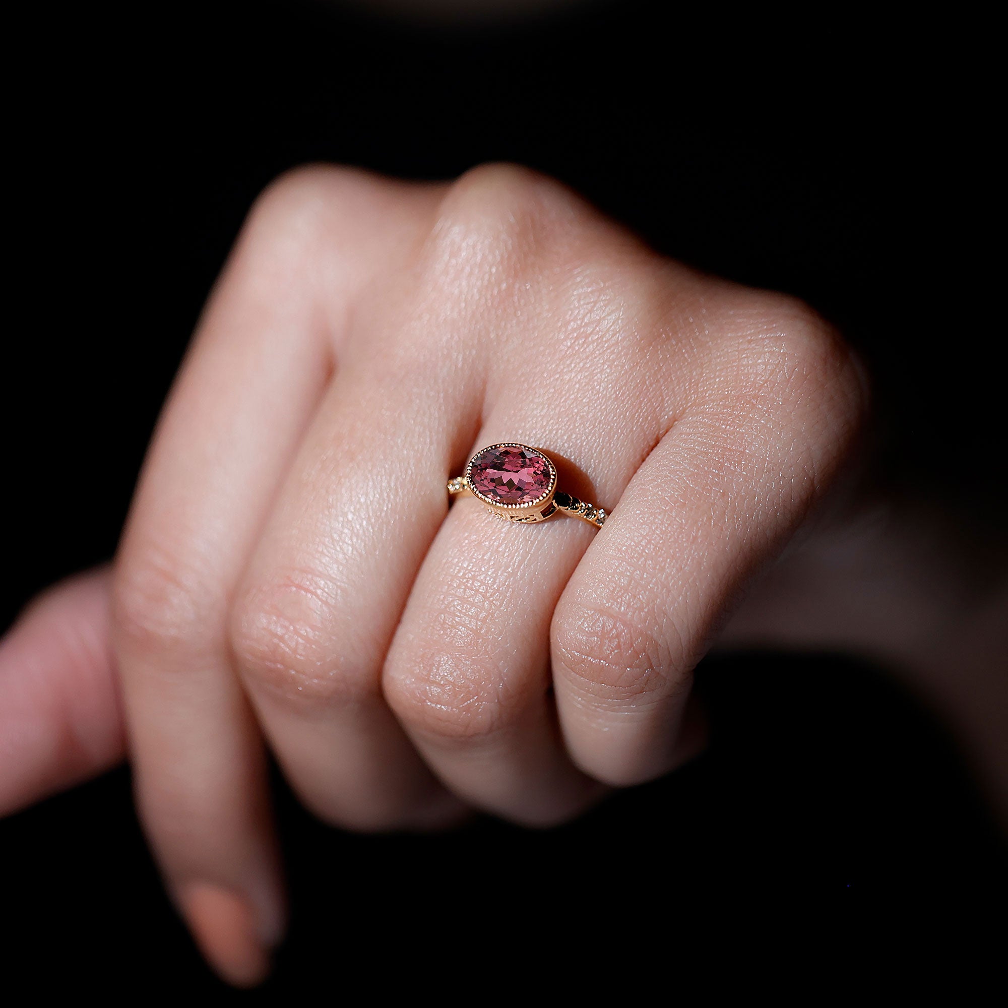 Oval Pink Tourmaline Solitaire Engagement Ring with Diamond Pink Tourmaline - ( AAA ) - Quality - Rosec Jewels