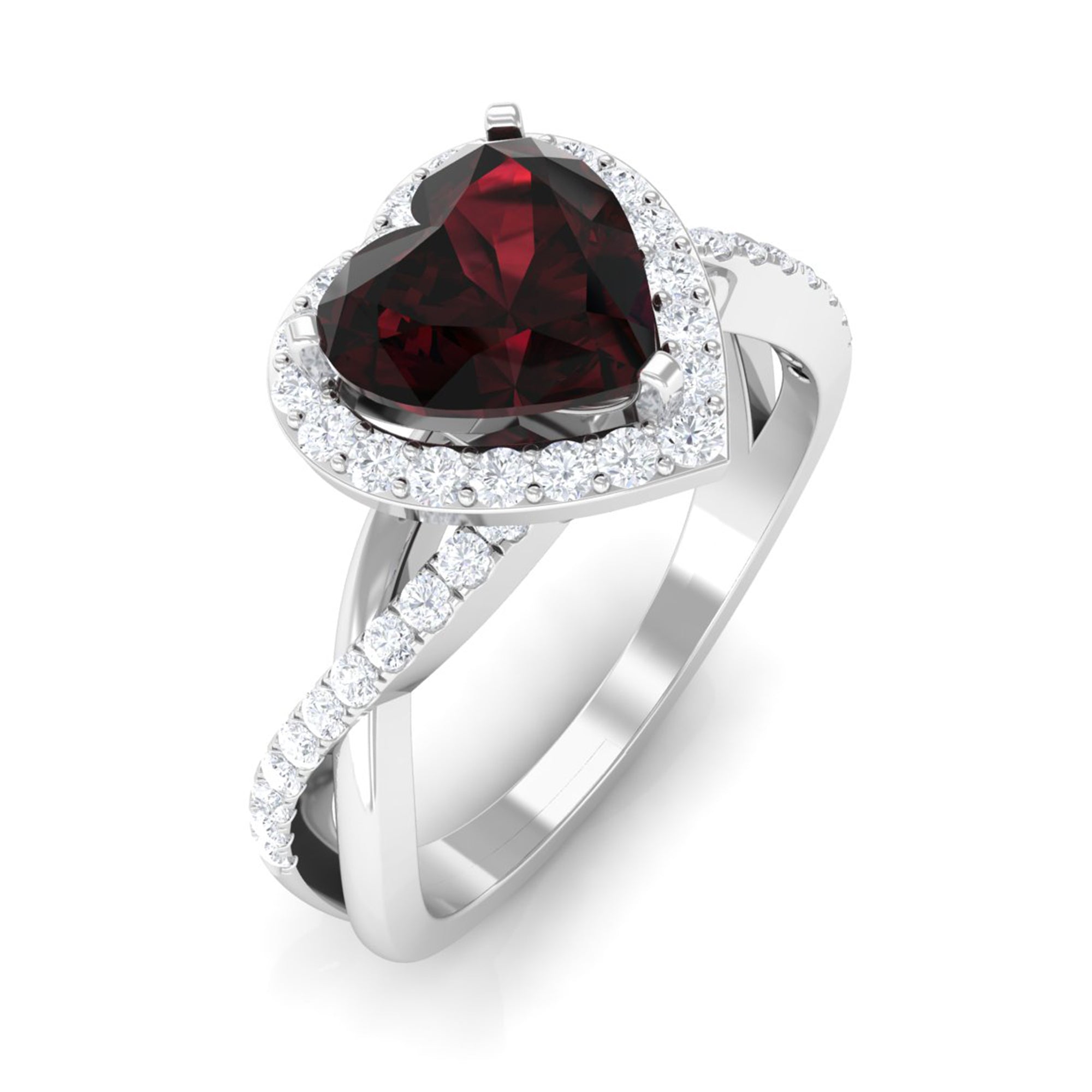 Heart Shape Garnet Crossover Engagement Ring with Diamond Garnet - ( AAA ) - Quality - Rosec Jewels