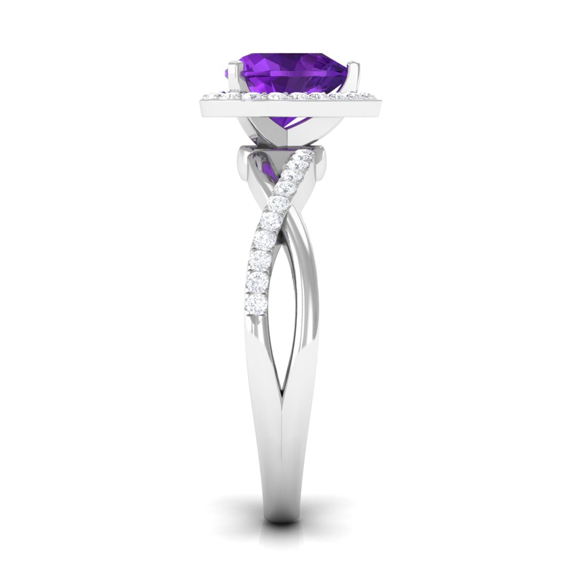 Heart Shape Amethyst Crossover Engagement Ring with Diamond Amethyst - ( AAA ) - Quality - Rosec Jewels