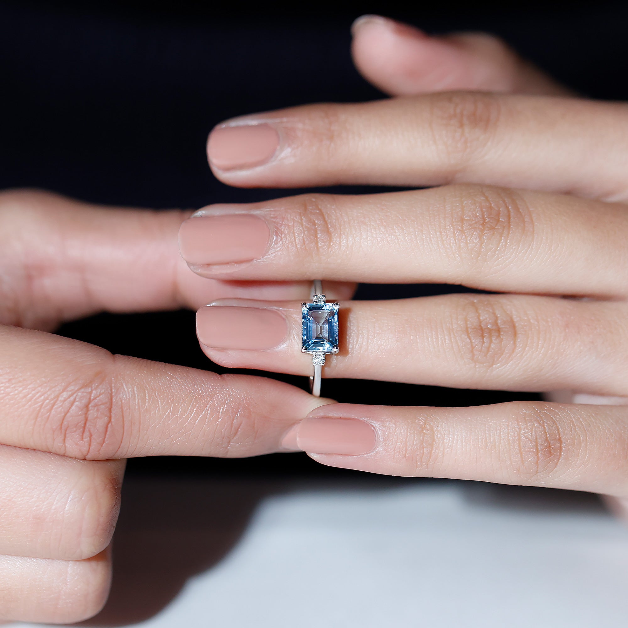 Emerald Cut Aquamarine Solitaire Engagement Ring in East West Style with Diamond Aquamarine - ( AAA ) - Quality - Rosec Jewels