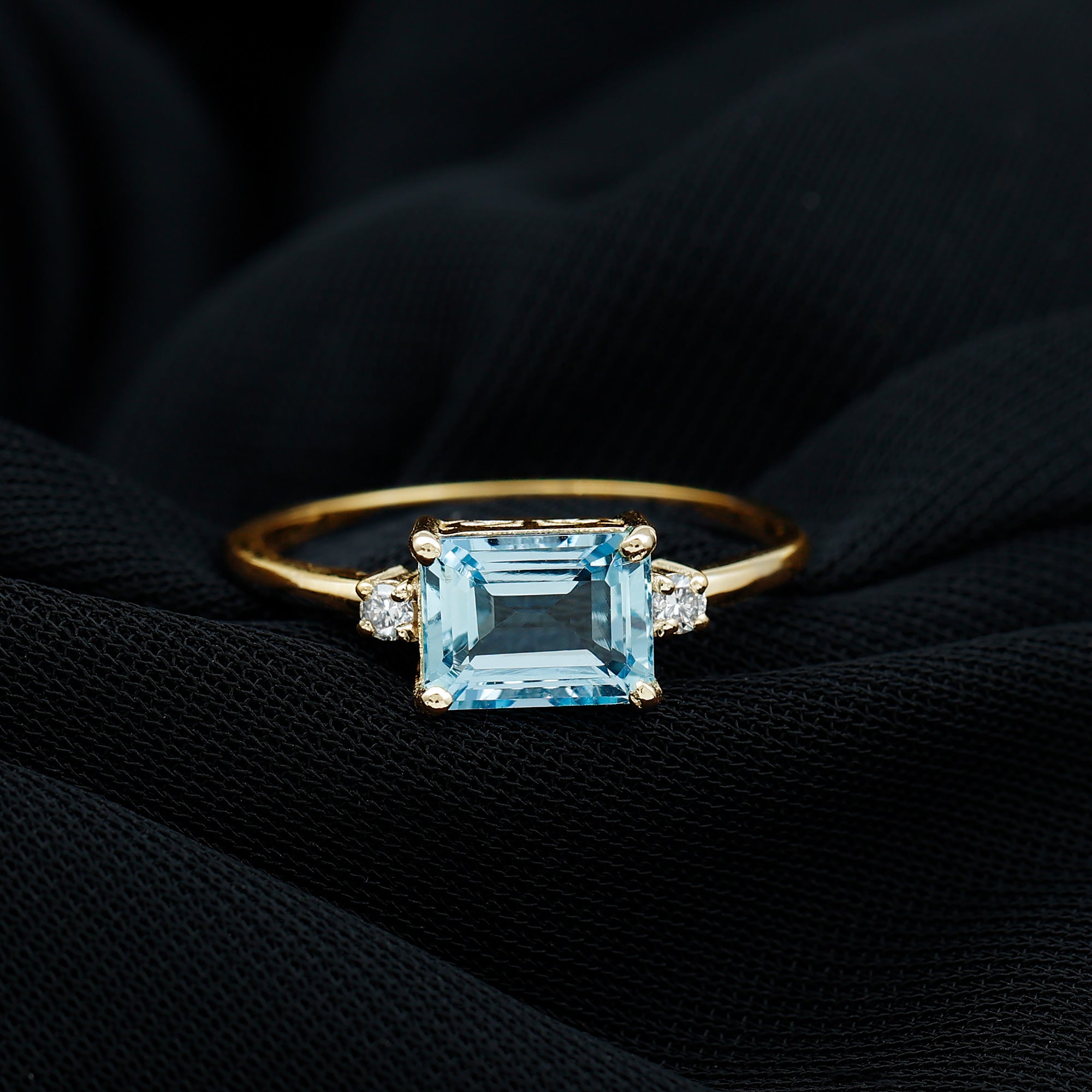 Emerald Cut Aquamarine Solitaire Engagement Ring in East West Style with Diamond Aquamarine - ( AAA ) - Quality - Rosec Jewels