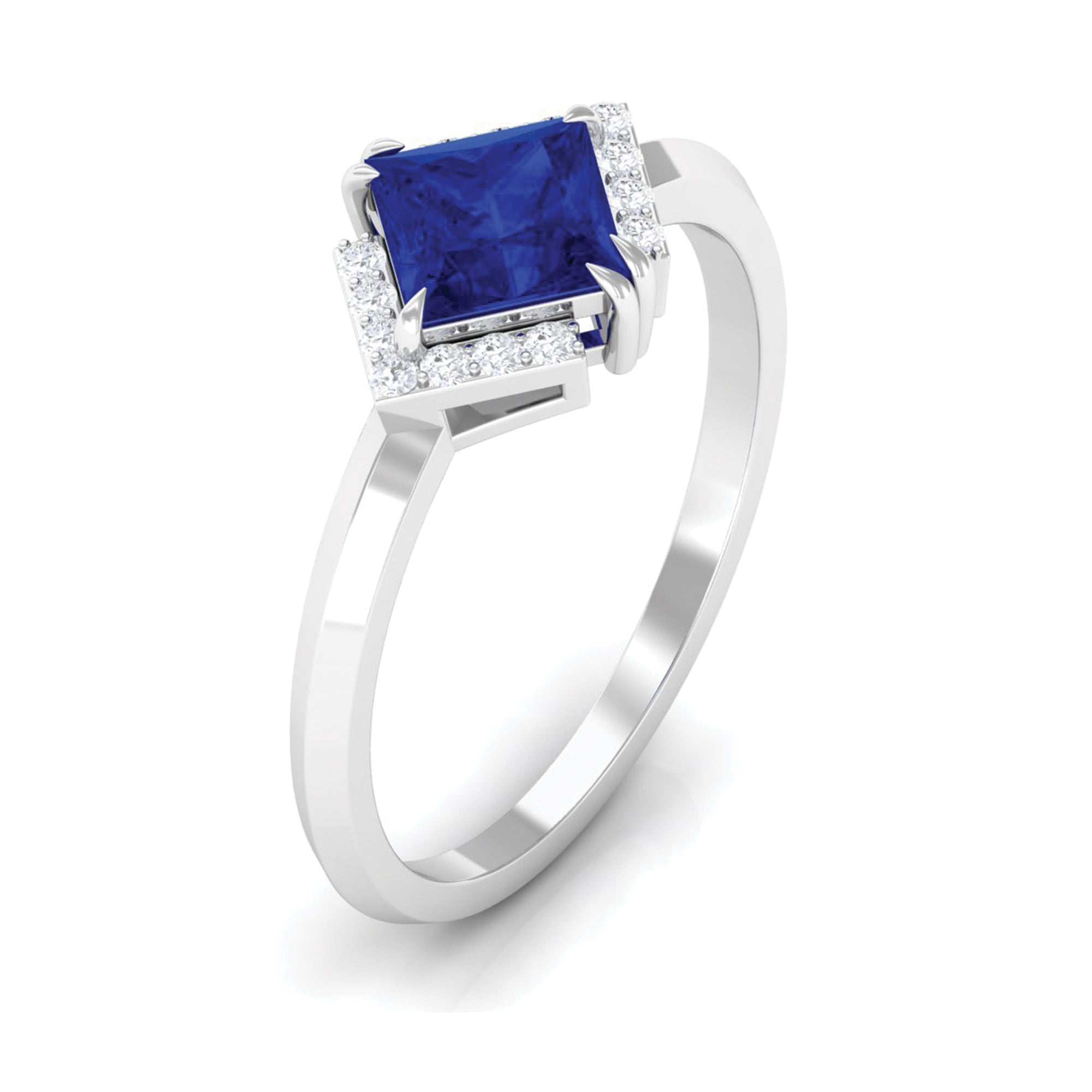 Princess Cut Created Blue Sapphire Simple Engagement Ring with Diamond Lab Created Blue Sapphire - ( AAAA ) - Quality - Rosec Jewels