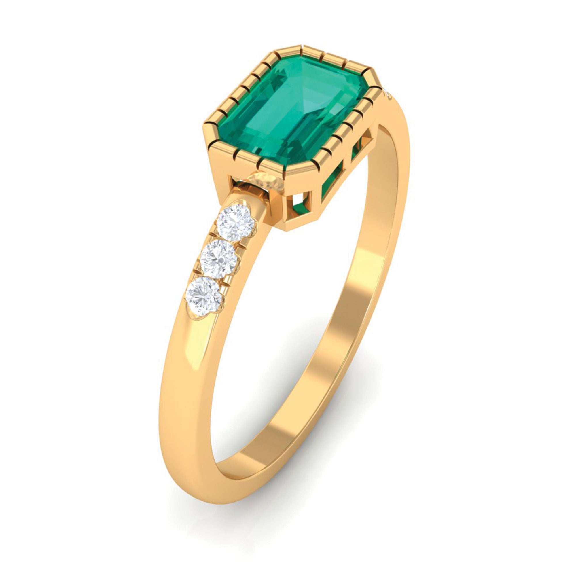 Octagon Cut Emerald East West Engagement Ring with Diamond Accent Emerald - ( AAA ) - Quality - Rosec Jewels