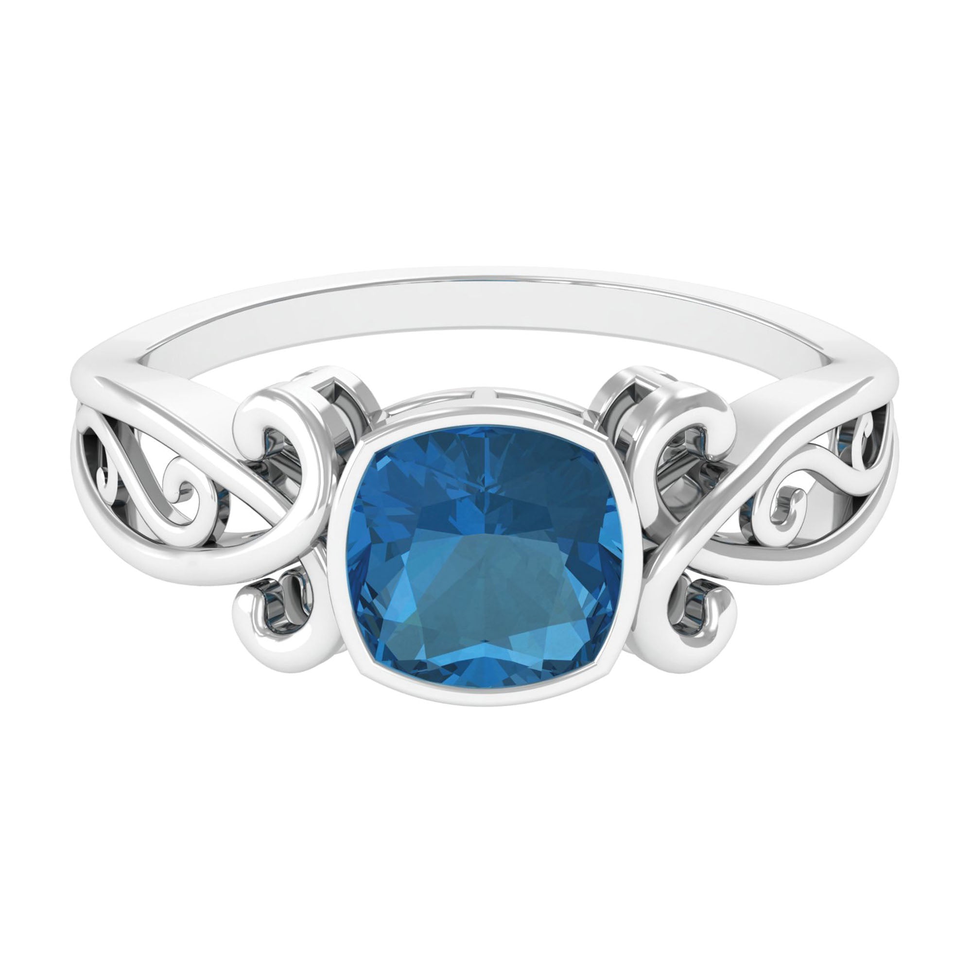 Rosec Jewels-2.75 CT Vintage Style Cushion London Blue Topaz Solitaire Ring in Bezel Setting