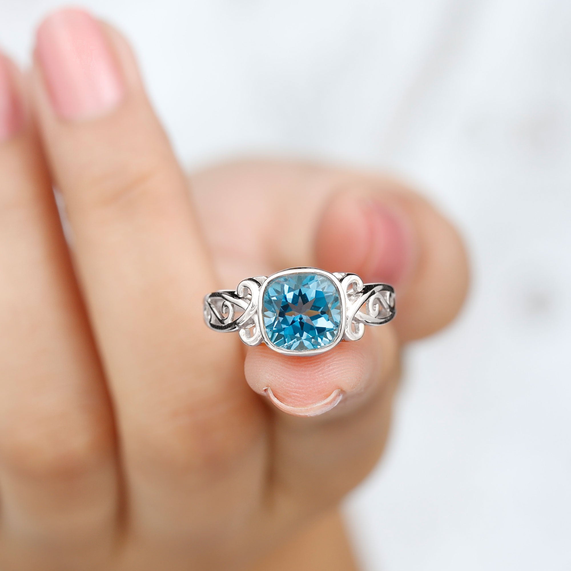 2.75 CT Vintage Style Cushion London Blue Topaz Solitaire Ring in Bezel Setting London Blue Topaz - ( AAA ) - Quality - Rosec Jewels