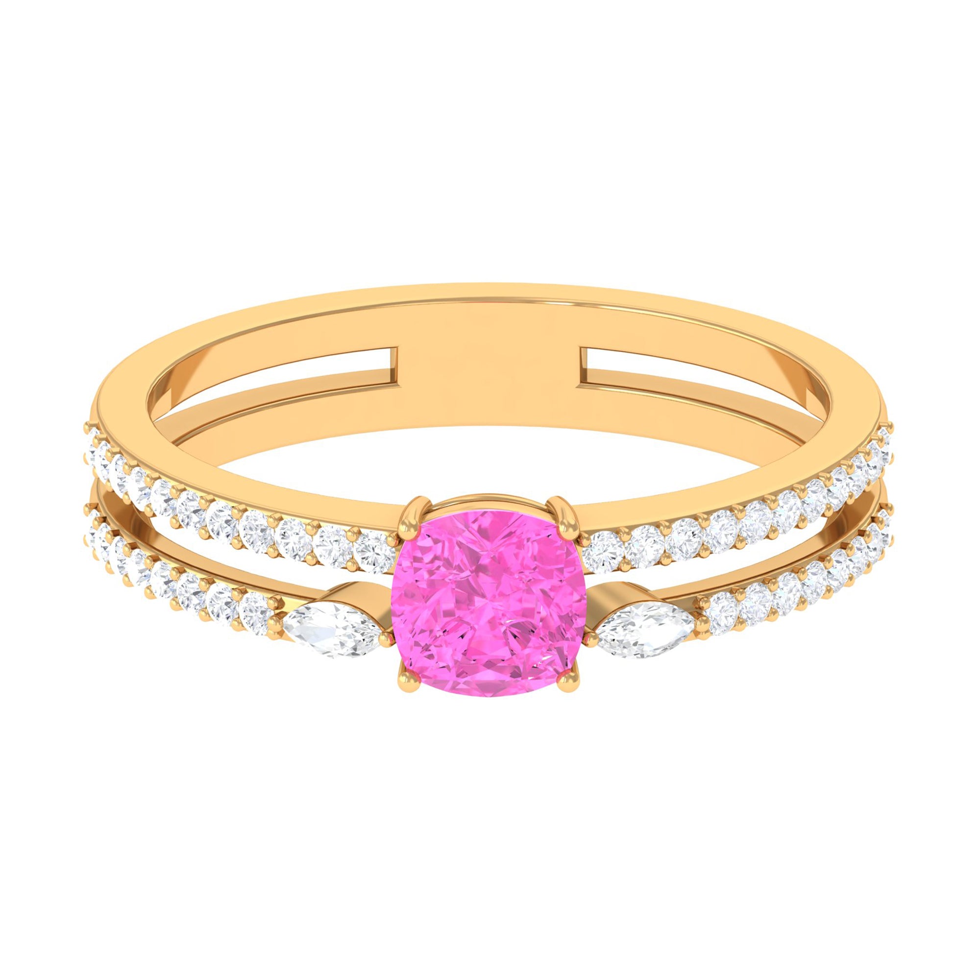 Created Pink Sapphire and Diamond Anniversary Double Band Ring Lab Created Pink Sapphire - ( AAAA ) - Quality - Rosec Jewels