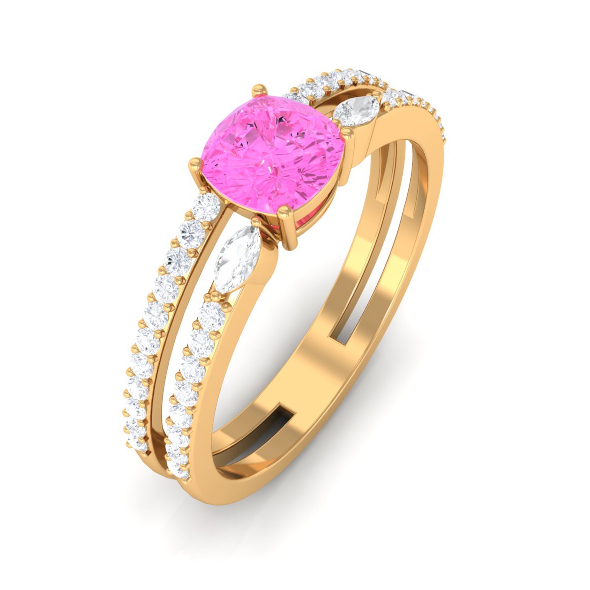 Created Pink Sapphire and Diamond Anniversary Double Band Ring Lab Created Pink Sapphire - ( AAAA ) - Quality - Rosec Jewels