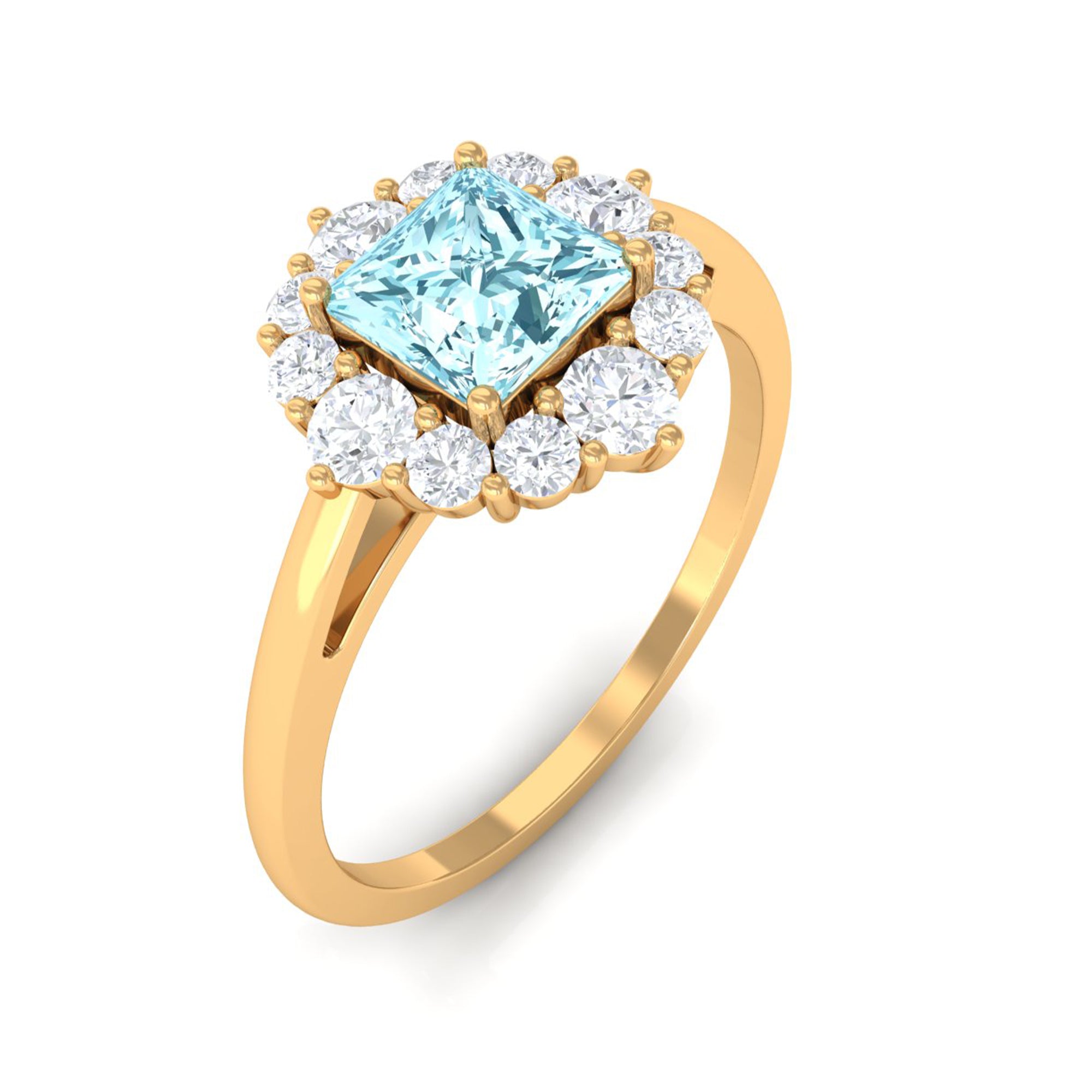 Princess Cut Aquamarine Engagement Ring with Diamond Halo Aquamarine - ( AAA ) - Quality - Rosec Jewels