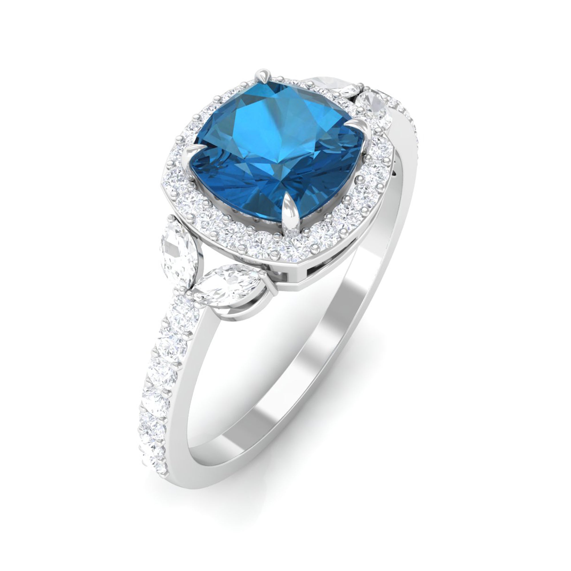Natural London Blue Topaz Halo Engagement Ring with Diamond London Blue Topaz - ( AAA ) - Quality - Rosec Jewels